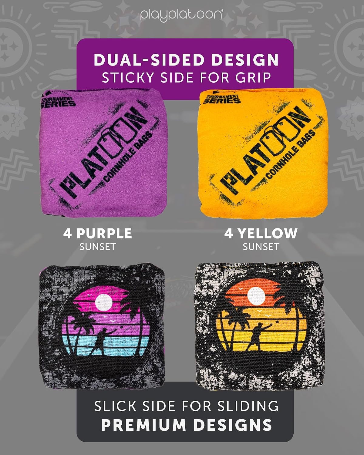 Play Platoon Pro Cornhole Bags Set of 8 – Professional Dual Sided Slick and Sticky Side Competition Corn Hole Bags – Tournament Series(Pink Gray / Orange Gray Sunset)