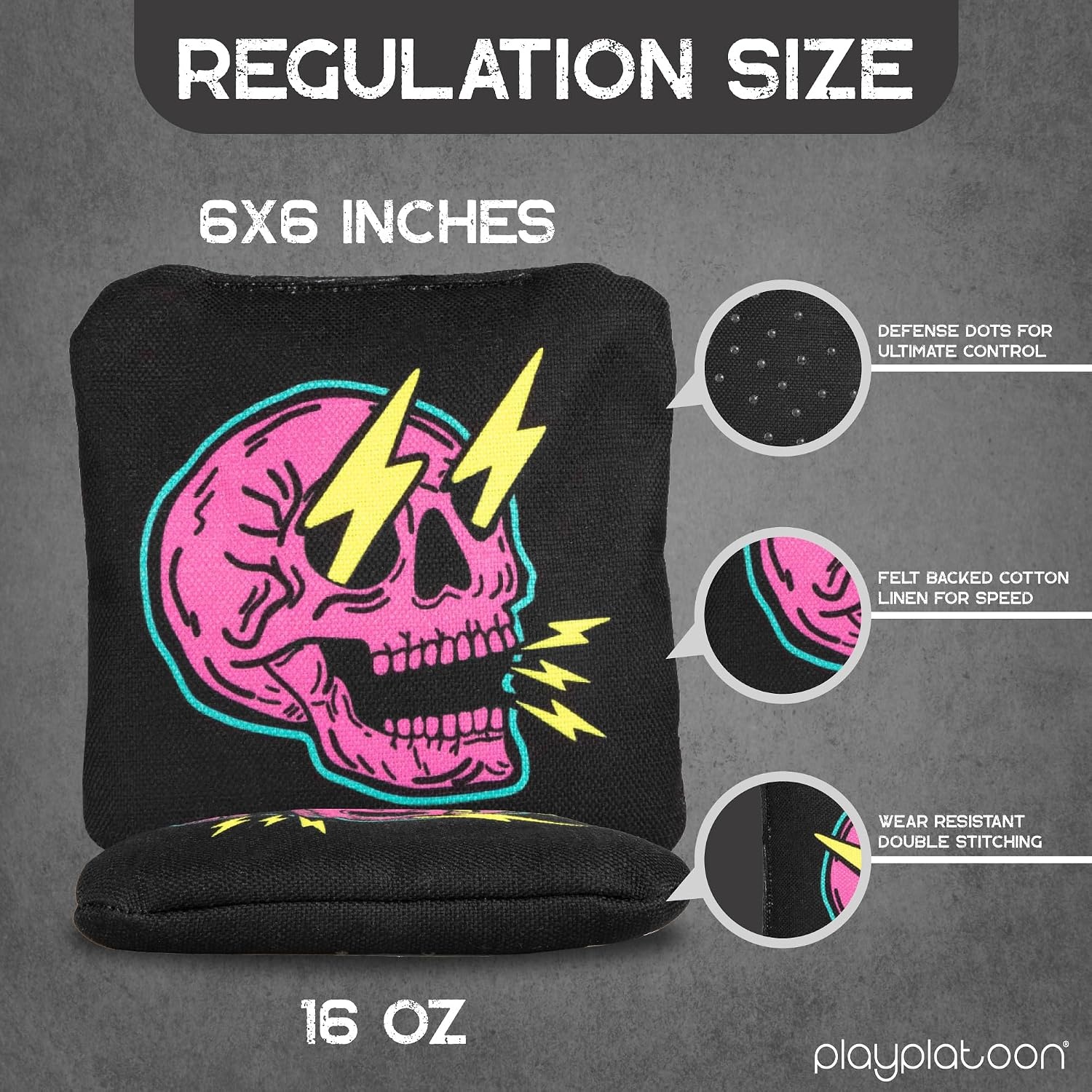Play Platoon Competition Series Cornhole Bags Set of 8 Regulation Professional Weight Double Sided Slick and Stick with Rubber Sticky Dot Slow Side for Pro Corn Hole Bean Bag Toss Game-Designed in USA(Black/Vintage White Skull & Smiley)
