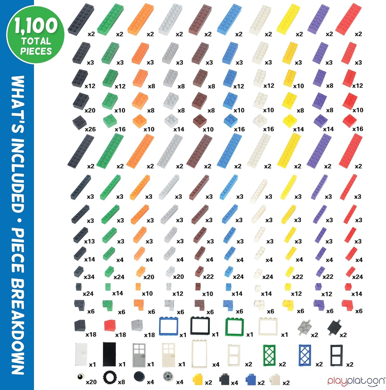 Play Platoon 1120 Pieces Building Bricks Set – 10 Classic Color Blocks – Bulk Building Blocks Compatible with Major Brands – 14 Different Shape Bricks – Includes Wheels, Tires, Axles, Windows & Door(1 100 Piece Brights W/ Bucket)