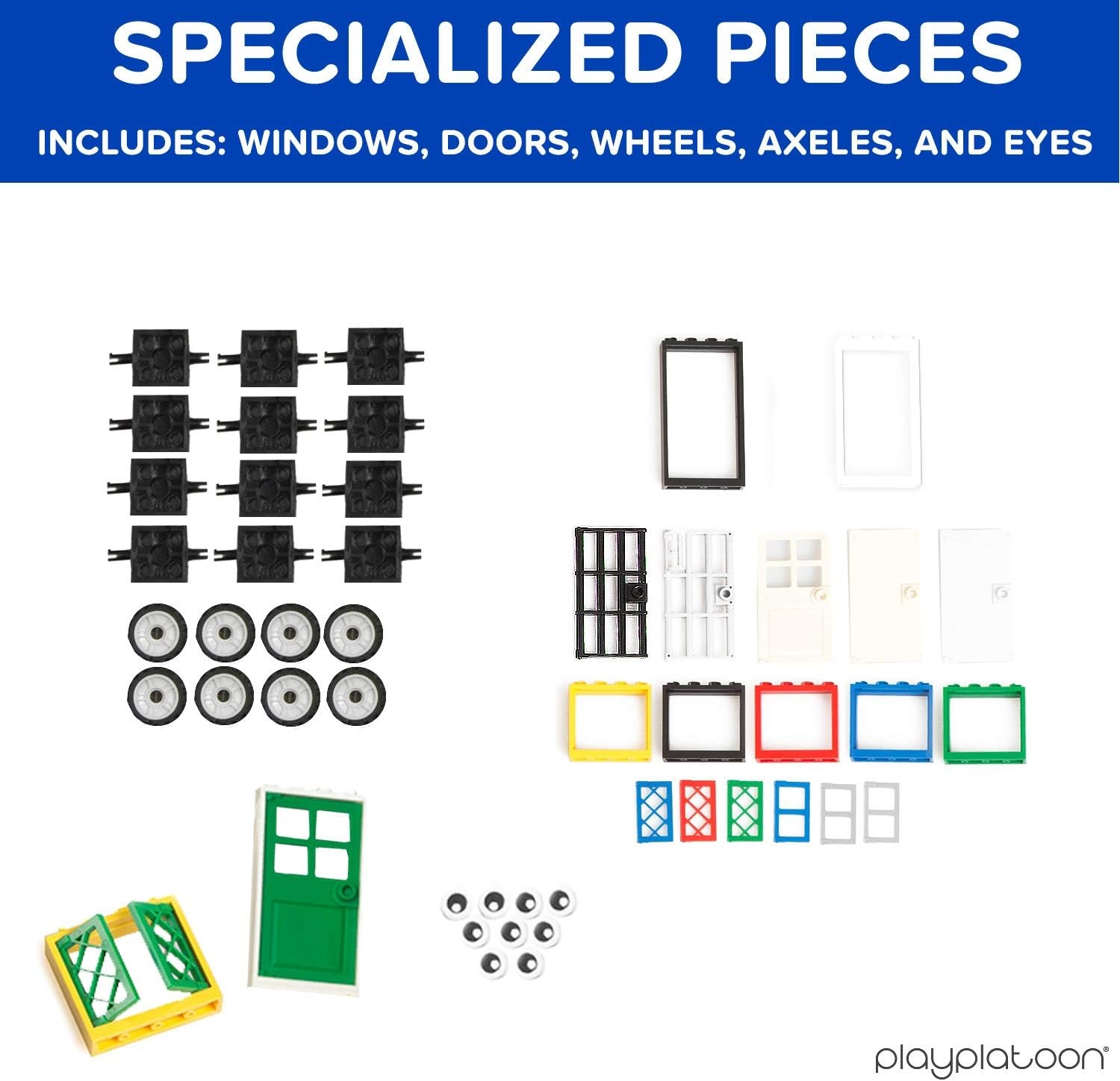 Play Platoon 1120 Pieces Building Bricks Set – 10 Classic Color Blocks – Bulk Building Blocks Compatible with Major Brands – 14 Different Shape Bricks – Includes Wheels, Tires, Axles, Windows & Door(1 100 Piece Brights W/ Bucket) - view 4