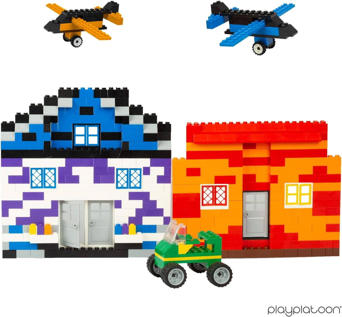 Play Platoon 1120 Pieces Building Bricks Set – 10 Classic Color Blocks – Bulk Building Blocks Compatible with Major Brands – 14 Different Shape Bricks – Includes Wheels, Tires, Axles, Windows & Door(1 100 Piece Brights W/ Bucket) - view 6