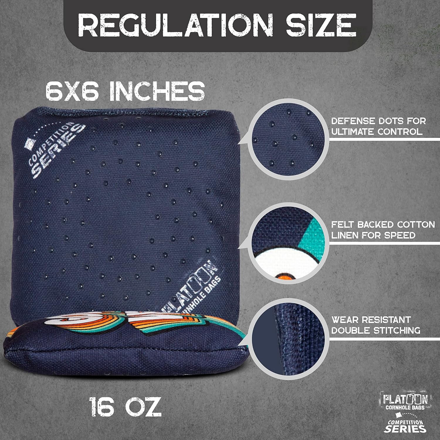 Play Platoon Competition Series Cornhole Bags Set of 8 Regulation Professional Weight Double Sided Slick and Stick with Rubber Sticky Dot Slow Side for Pro Corn Hole Bean Bag Toss Game-Designed in USA(Blue/Orange Good Vibes & Chill)