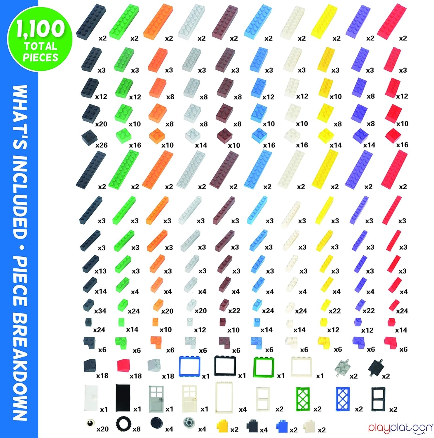 Play Platoon 1120 Pieces Building Bricks Set – 10 Classic Color Blocks – Bulk Building Blocks Compatible with Major Brands – 14 Different Shape Bricks – Includes Wheels, Tires, Axles, Windows & Door(1 100 Piece Brights W/ Carry Bag)