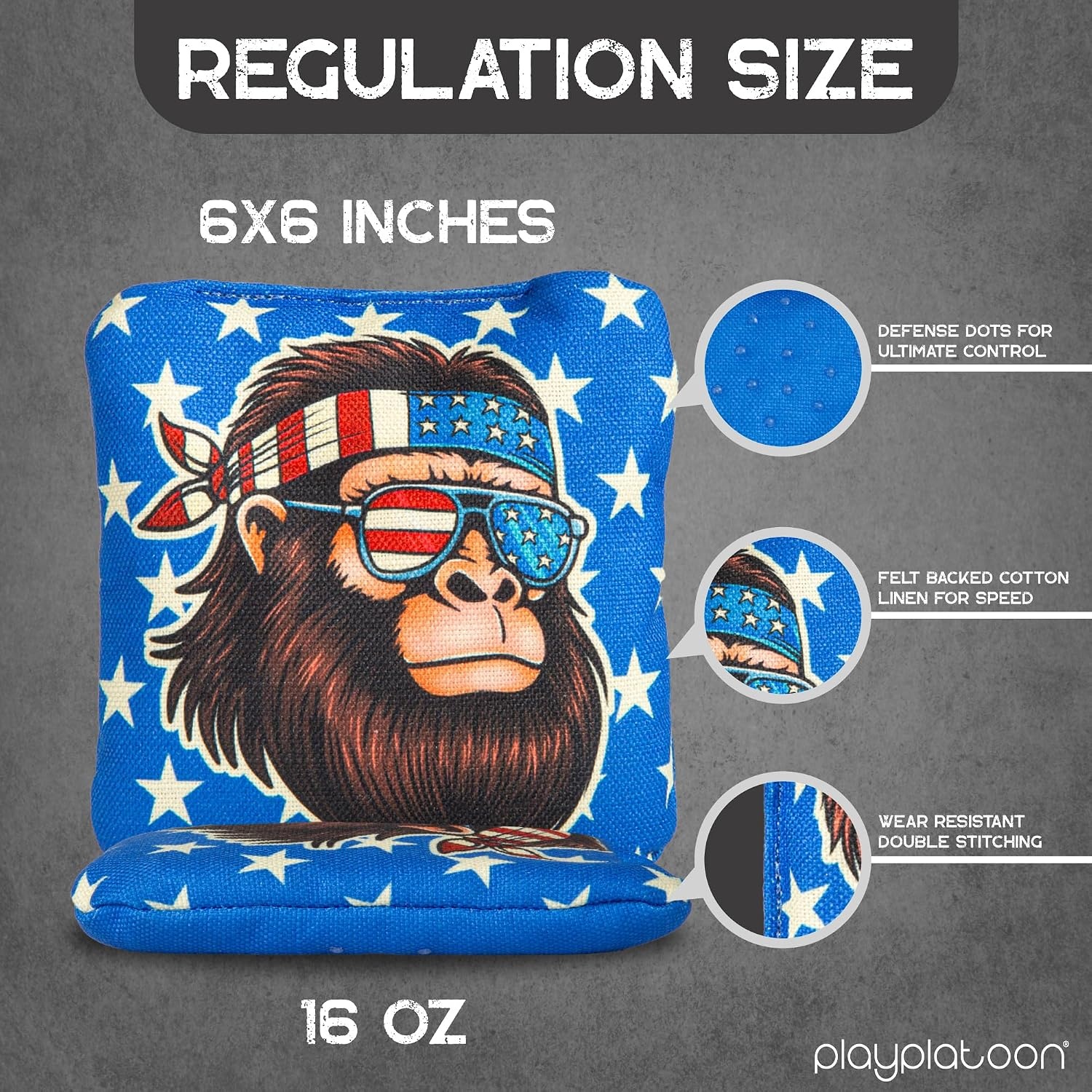Play Platoon Competition Series Cornhole Bags Set of 8 Regulation Professional Weight Double Sided Slick and Stick with Rubber Sticky Dot Slow Side for Pro Corn Hole Bean Bag Toss Game-Designed in USA(Blue/Red American Big Foot)