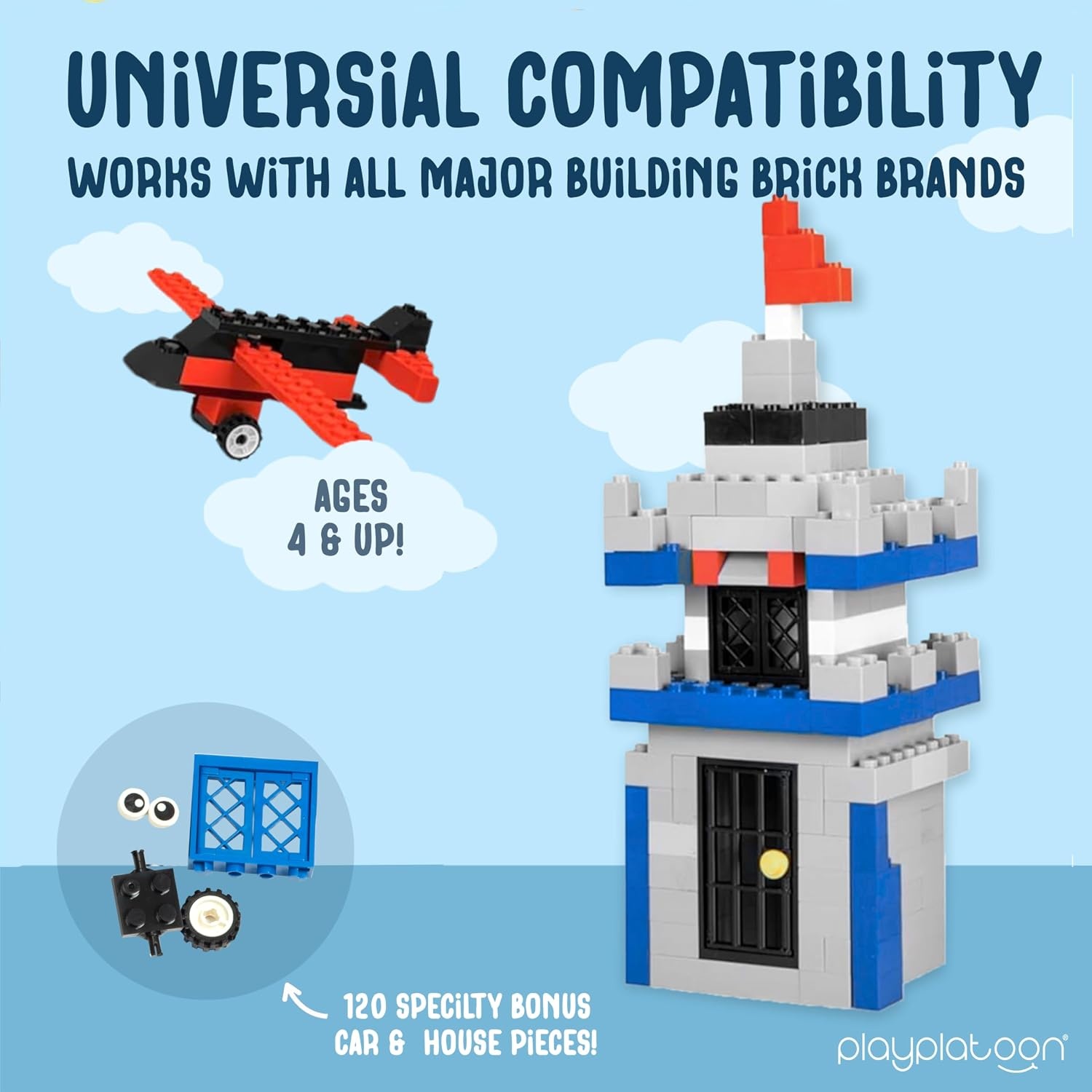 Play Platoon 1120 Pieces Building Bricks Set – 10 Classic Color Blocks – Bulk Building Blocks Compatible with Major Brands – 14 Different Shape Bricks – Includes Wheels, Tires, Axles, Windows & Door(1 100 Piece – Regular Colors) - view 3