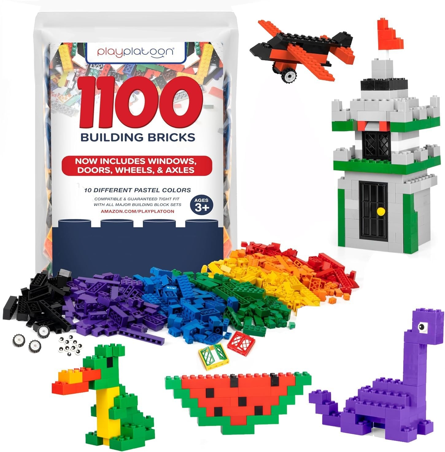 Play Platoon 1120 Pieces Building Bricks Set – 10 Classic Color Blocks – Bulk Building Blocks Compatible with Major Brands – 14 Different Shape Bricks – Includes Wheels, Tires, Axles, Windows & Door(1 100 Piece – Regular Colors) - view 7