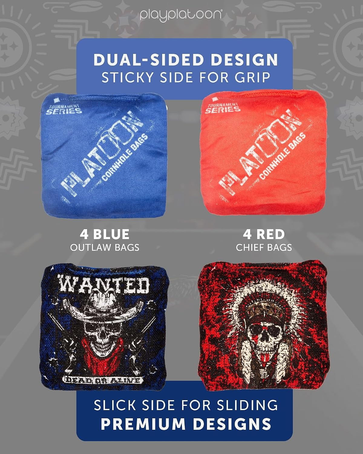 Play Platoon Pro Cornhole Bags Set of 8 – Professional Dual Sided Slick and Sticky Side Competition Corn Hole Bags – Tournament Series(Red/Blue Chief & Outlaw)