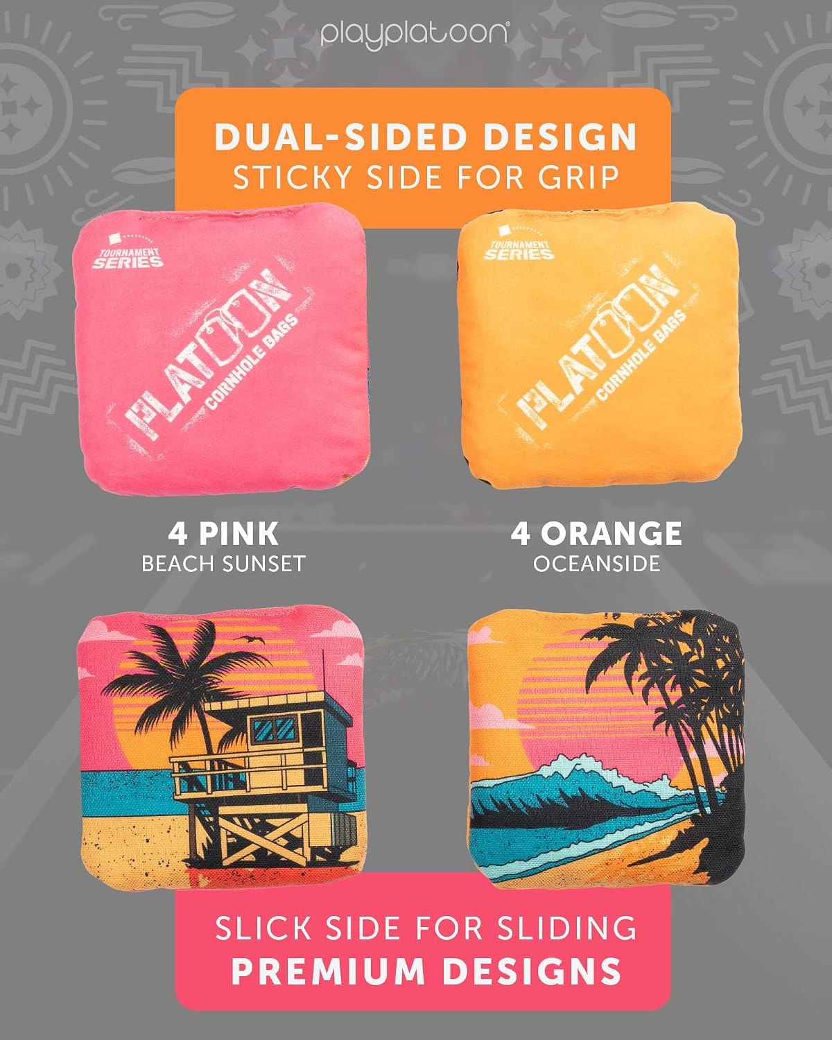 Play Platoon Pro Cornhole Bags Set of 8 – Professional Dual Sided Slick and Sticky Side Competition Corn Hole Bags – Tournament Series(Pink/Orange Oceanside Vibe)