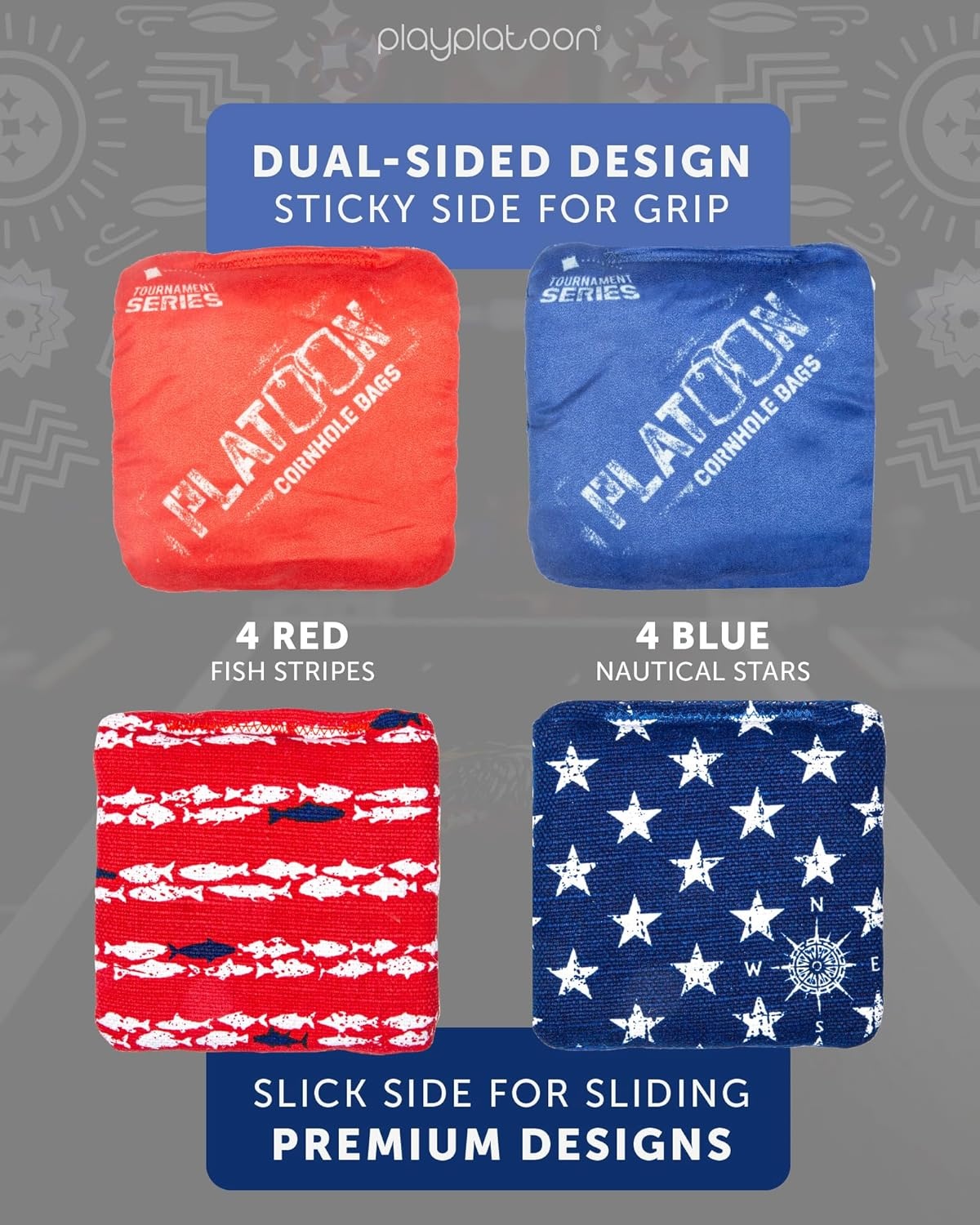 Play Platoon Pro Cornhole Bags Set of 8 – Professional Dual Sided Slick and Sticky Side Competition Corn Hole Bags – Tournament Series(Red / Blue Nautical Stars & Stripes)
