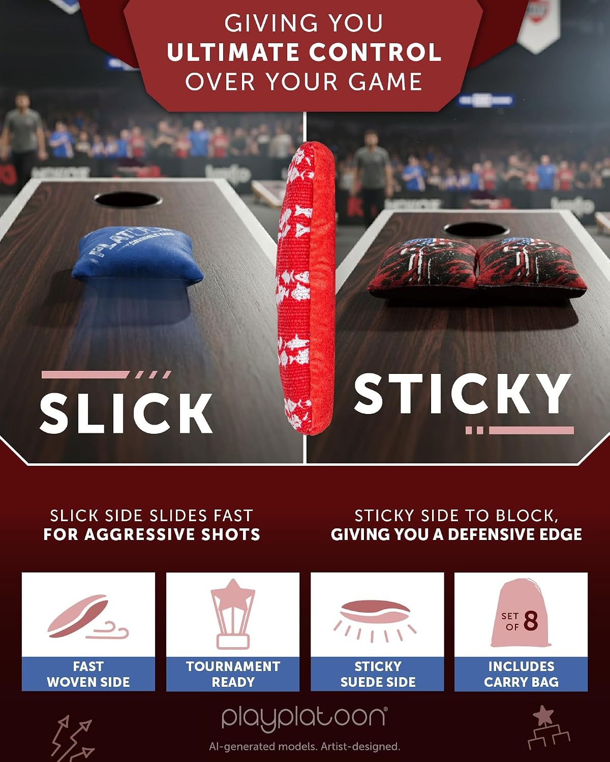 Play Platoon Pro Cornhole Bags Set of 8 – Professional Dual Sided Slick and Sticky Side Competition Corn Hole Bags – Tournament Series(Red / Blue Nautical Stars & Stripes) - view 3