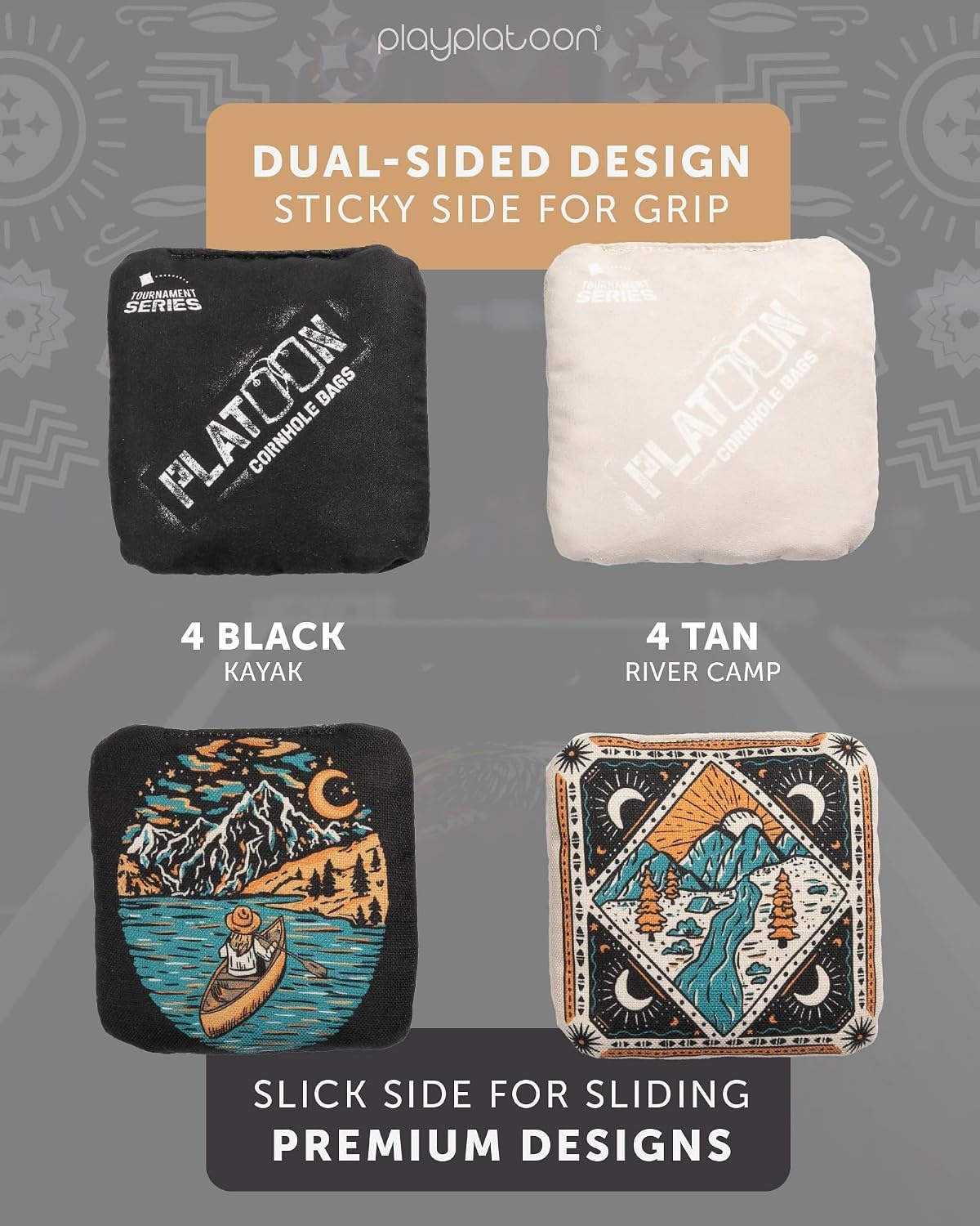 Play Platoon Pro Cornhole Bags Set of 8 – Professional Dual Sided Slick and Sticky Side Competition Corn Hole Bags – Tournament Series(Tan / Black Stream & Kayak)