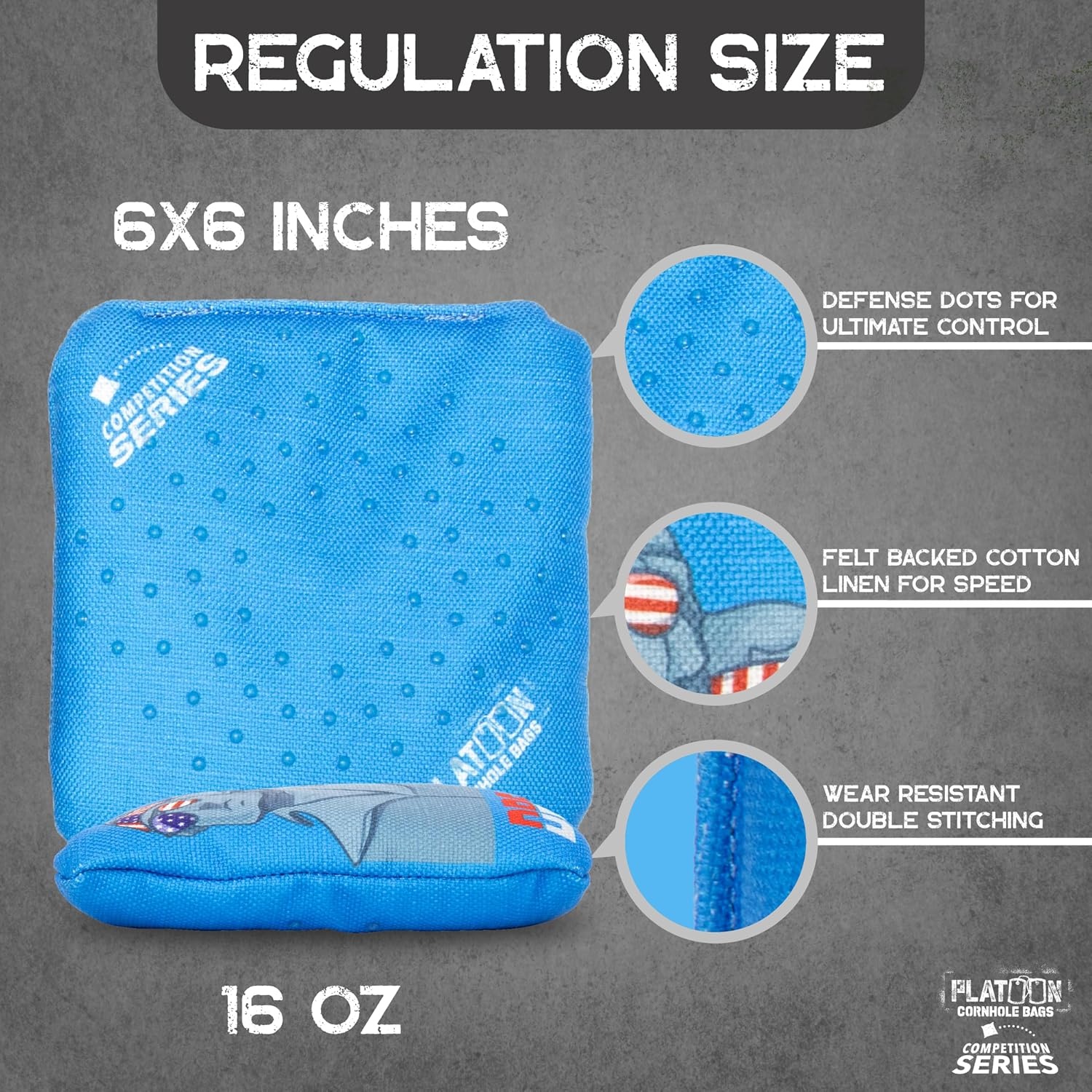 Play Platoon Competition Series Cornhole Bags Set of 8 Regulation Professional Weight Double Sided Slick and Stick with Rubber Sticky Dot Slow Side for Pro Corn Hole Bean Bag Toss Game-Designed in USA(Blue/Black Dream Team Mean Team)