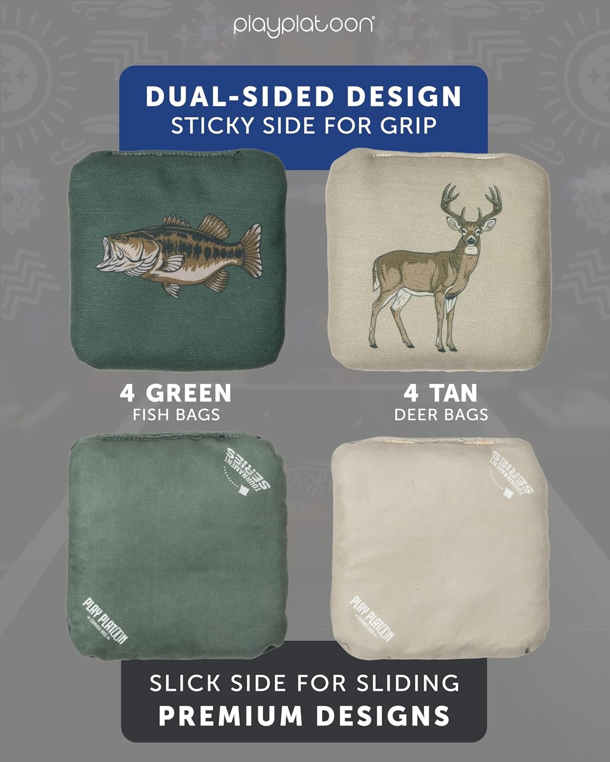 Play Platoon Pro Cornhole Bags Set of 8 – Professional Dual Sided Slick and Sticky Side Competition Corn Hole Bags – Tournament Series(Tan/Green Buck & Bass)
