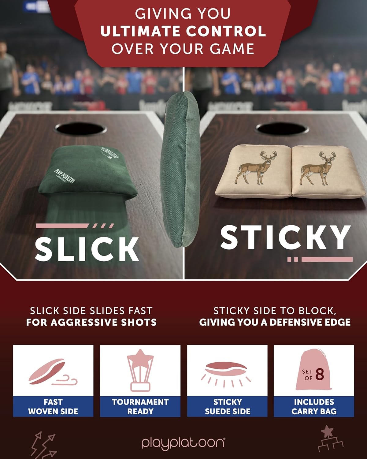 Play Platoon Pro Cornhole Bags Set of 8 – Professional Dual Sided Slick and Sticky Side Competition Corn Hole Bags – Tournament Series(Tan/Green Buck & Bass) - view 3