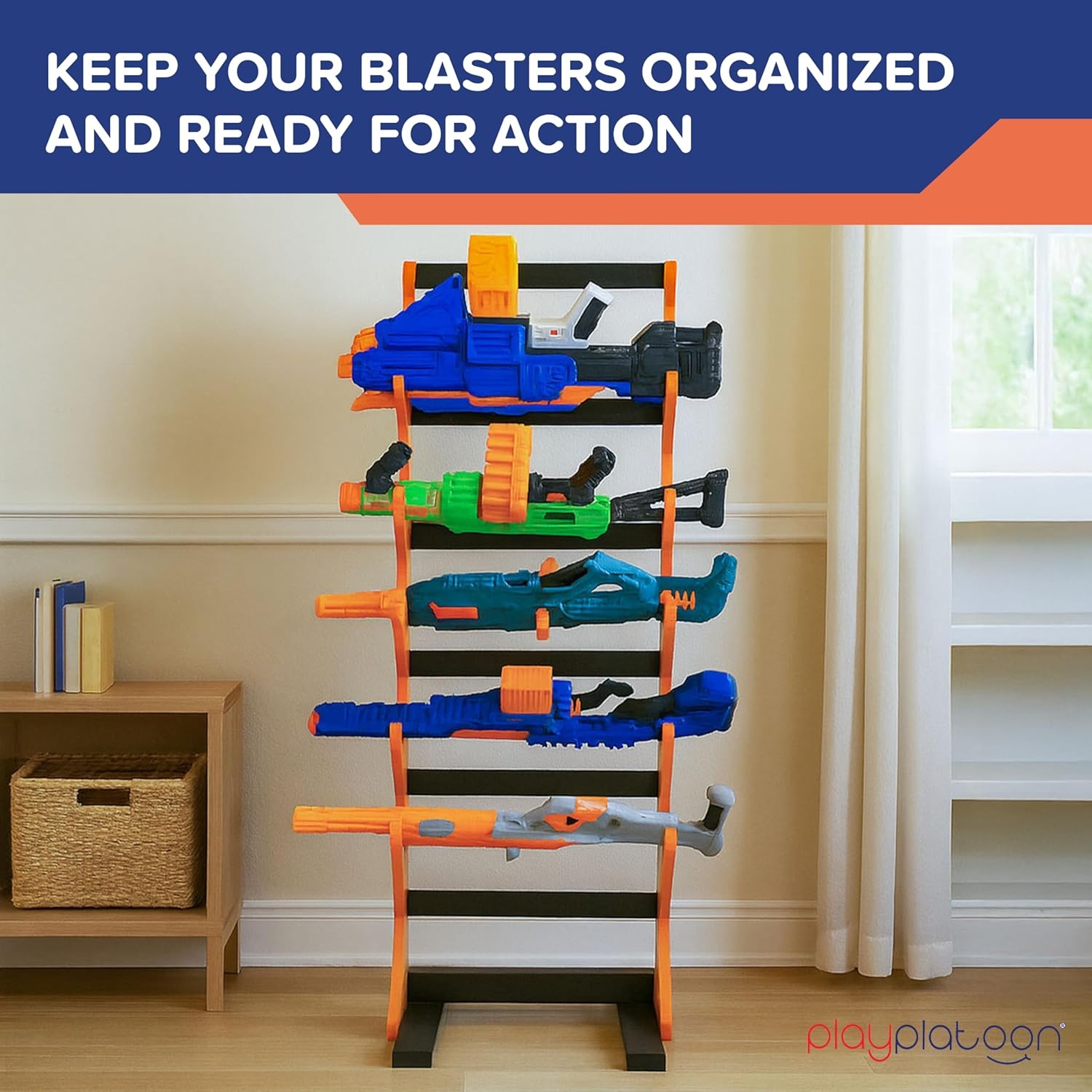 Play Platoon Storage Rack for Nerf Gun Storage & Nerf Accessories, Sturdy Wood Construction, Dart Holder & 6 Toy Gun Holder for Wall with Pegboard Wall Organizer – Includes 20 Pegs(Standing) - view 2