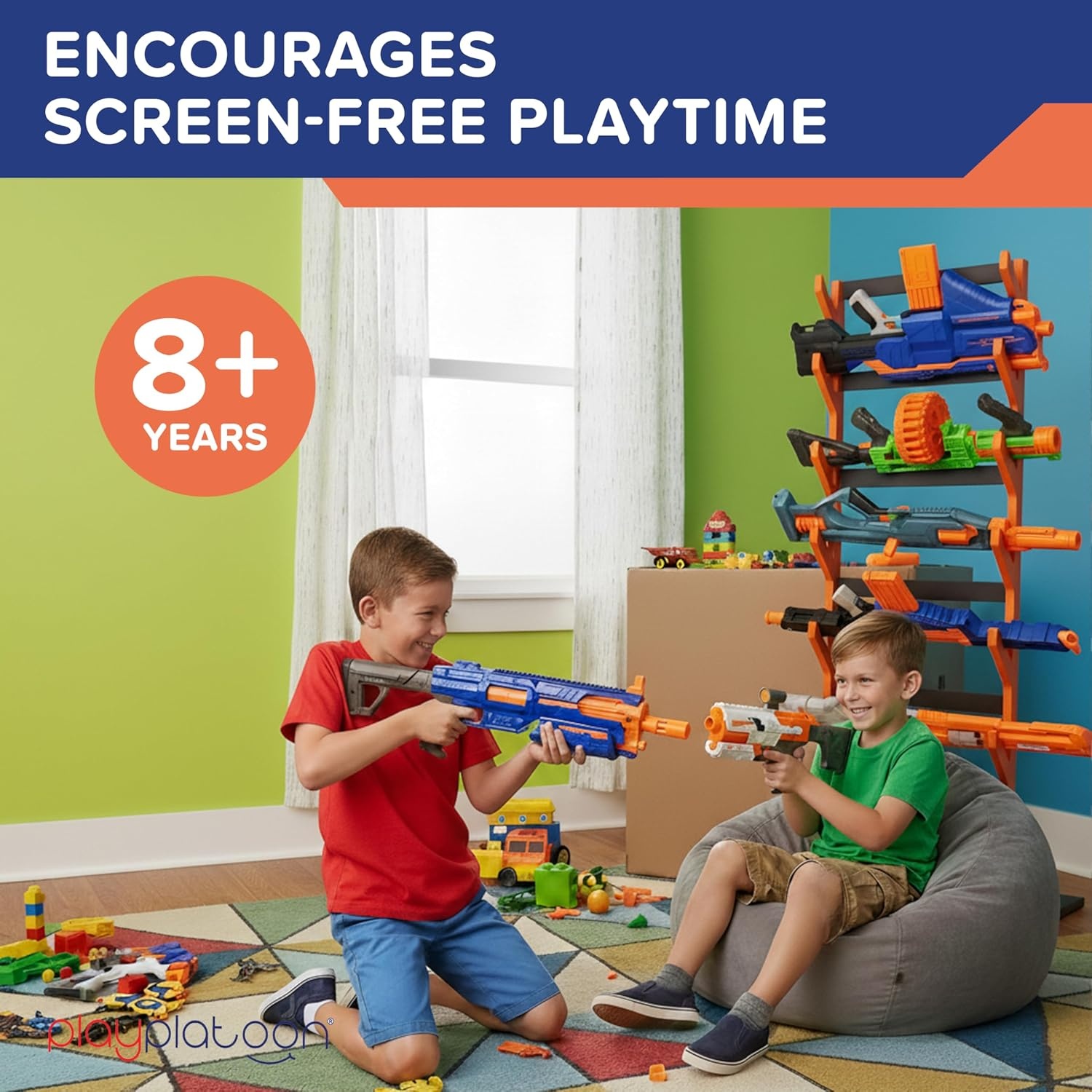Play Platoon Storage Rack for Nerf Gun Storage & Nerf Accessories, Sturdy Wood Construction, Dart Holder & 6 Toy Gun Holder for Wall with Pegboard Wall Organizer – Includes 20 Pegs(Standing) - view 3