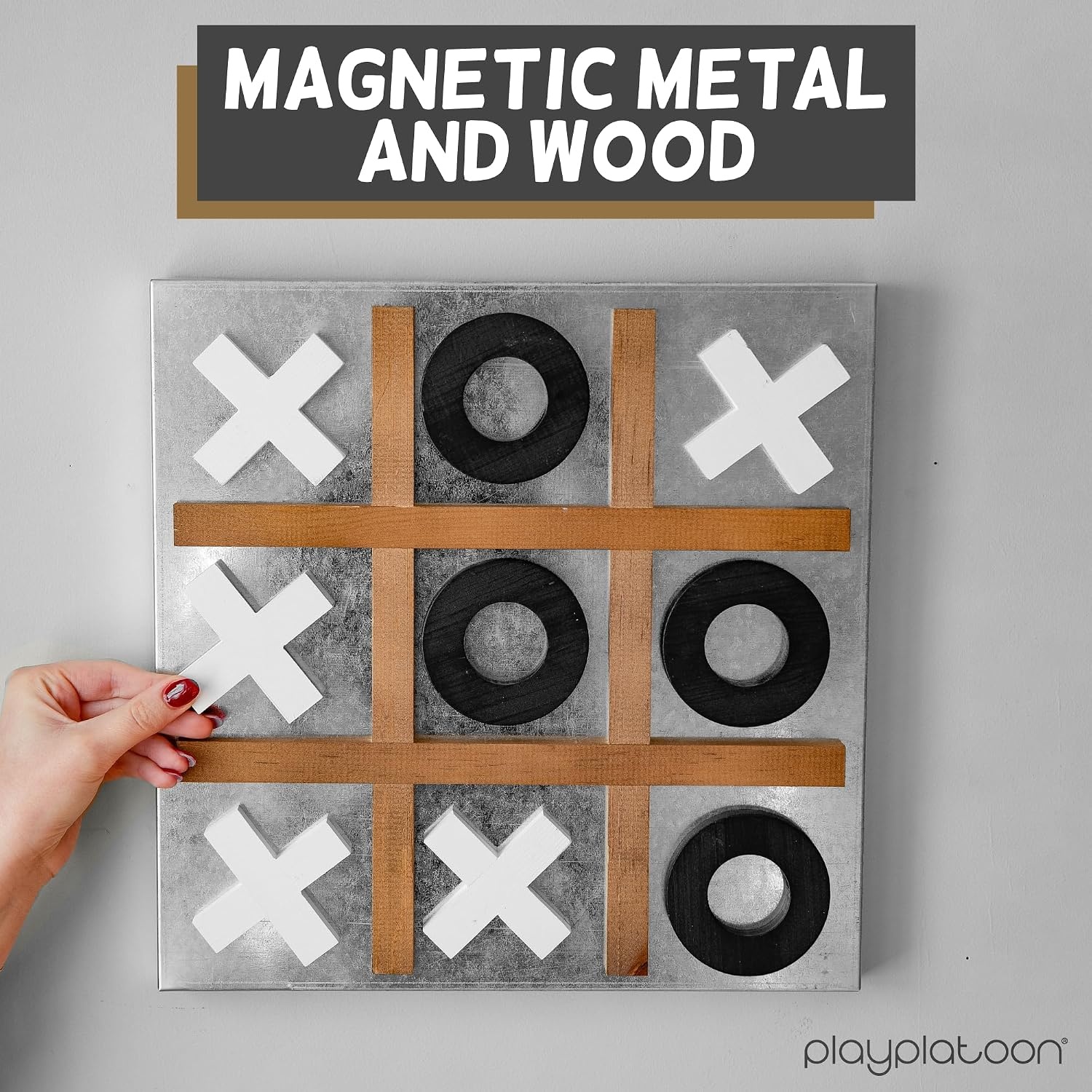 Play Platoon Magnetic Tic Tac Toe Game – Large Metal and Wooden Wall Mounted Board Games – 13.5 Inch Table Top or Wall Mounted Farmhouse Rustic for Game Room – Black & White(Barnwood  Black & White) - view 2