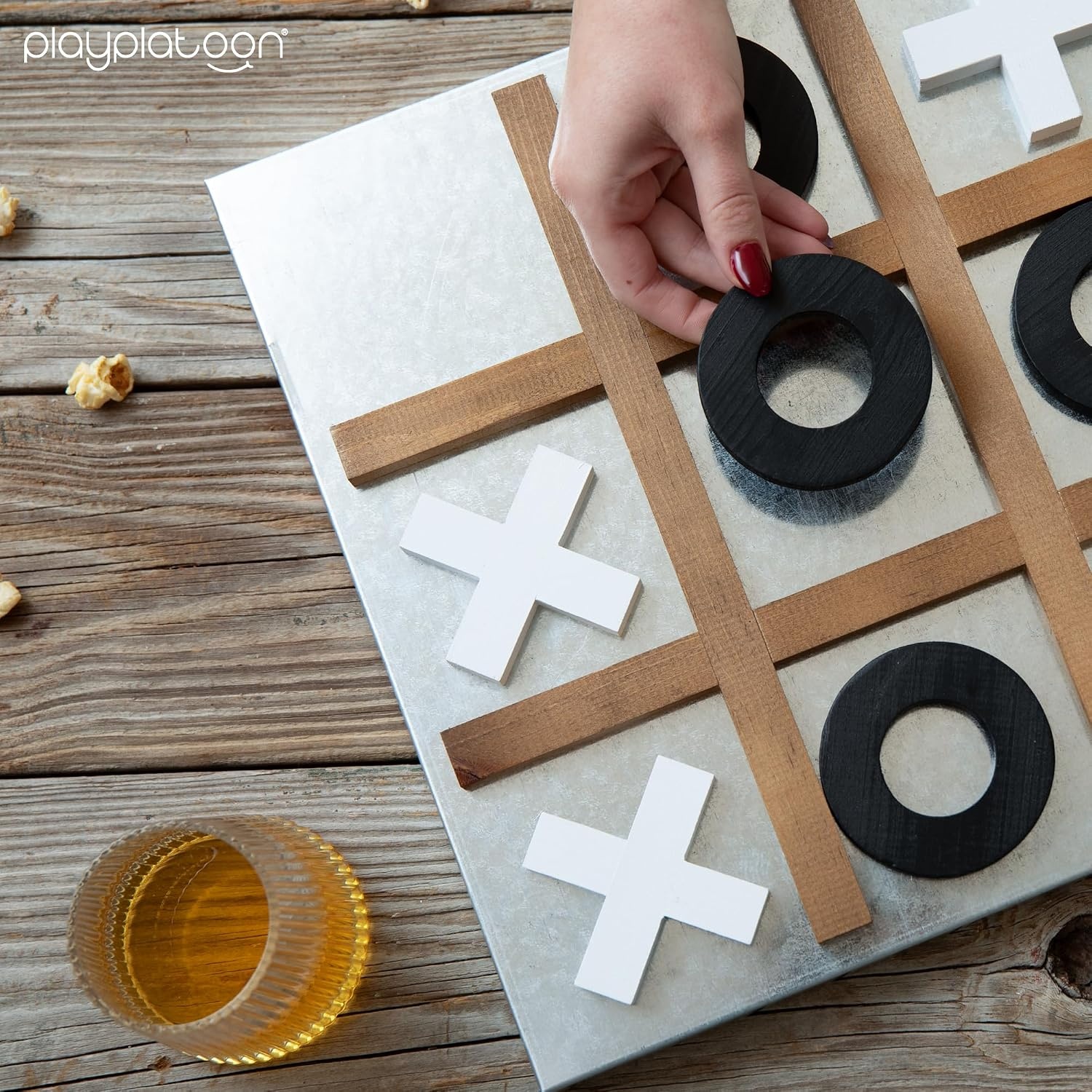 Play Platoon Magnetic Tic Tac Toe Game – Large Metal and Wooden Wall Mounted Board Games – 13.5 Inch Table Top or Wall Mounted Farmhouse Rustic for Game Room – Black & White(Barnwood  Black & White) - view 3