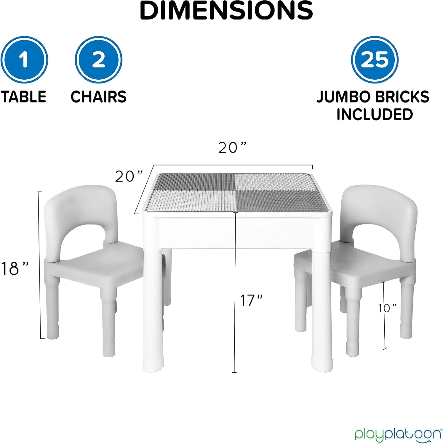 Play Platoon 5 in 1 Kids Activity Table and Chair Set for Toddlers, Building Block, Craft & Sensory Tables for Toddlers with 2 Chairs & 25 XL Blocks – Yellow Red Green(Neutral Gray)