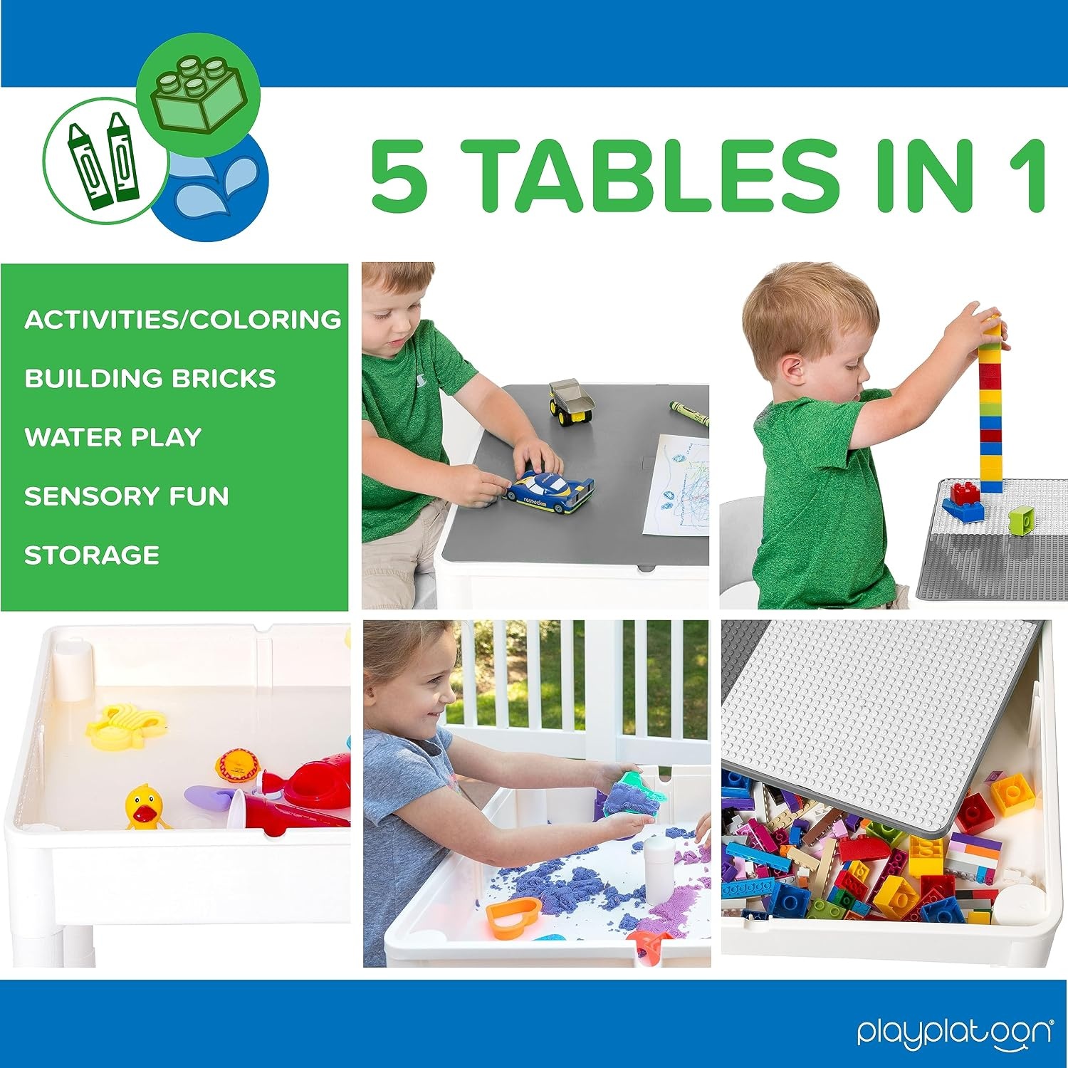 Play Platoon 5 in 1 Kids Activity Table and Chair Set for Toddlers, Building Block, Craft & Sensory Tables for Toddlers with 2 Chairs & 25 XL Blocks – Yellow Red Green(Neutral Gray) - view 2