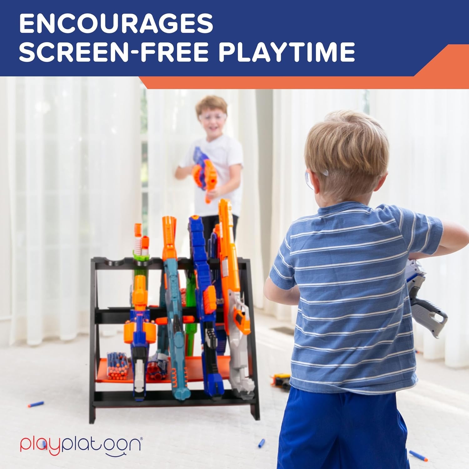 Play Platoon Storage Rack for Nerf Gun Storage & Nerf Accessories, Sturdy Wood Construction, Dart Holder & 6 Toy Gun Holder for Wall with Pegboard Wall Organizer – Includes 20 Pegs(Folding) - view 2