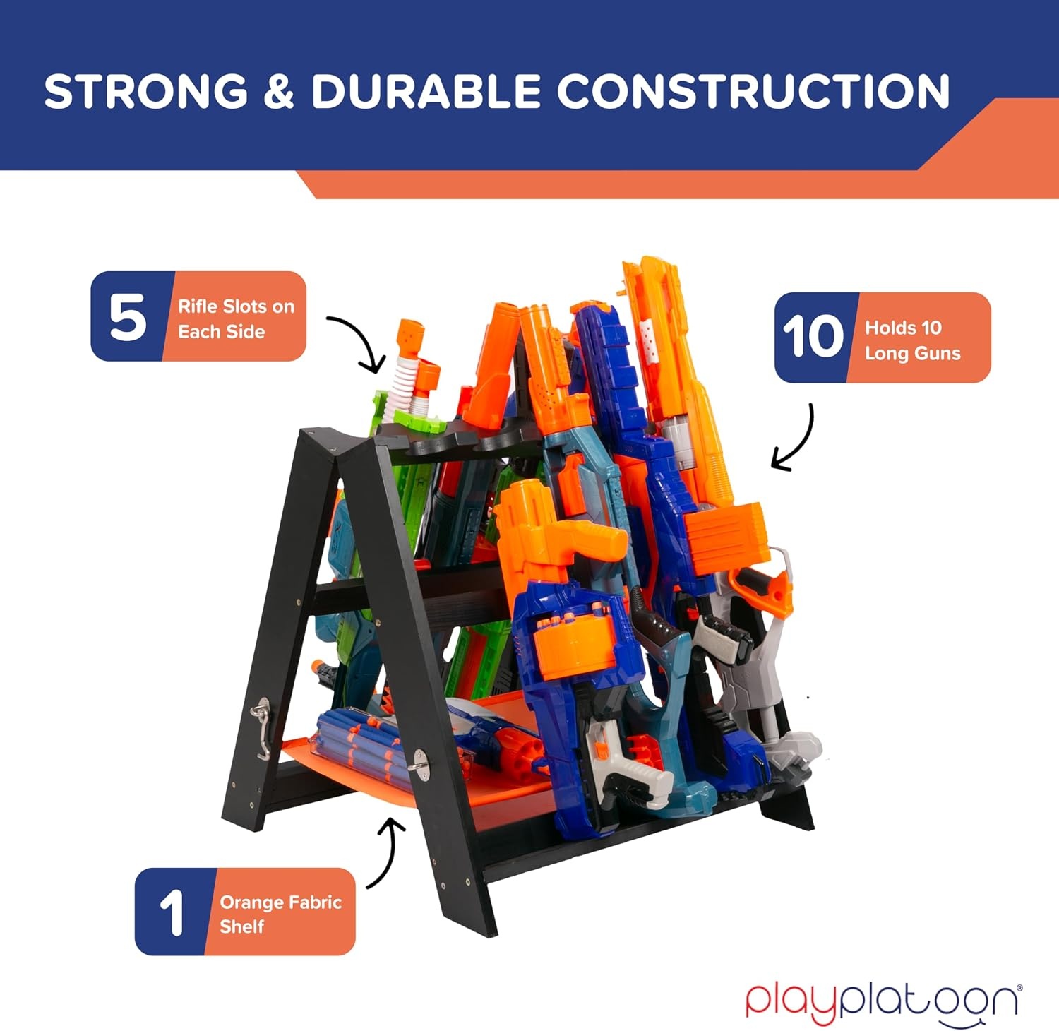 Play Platoon Storage Rack for Nerf Gun Storage & Nerf Accessories, Sturdy Wood Construction, Dart Holder & 6 Toy Gun Holder for Wall with Pegboard Wall Organizer – Includes 20 Pegs(Folding) - view 3