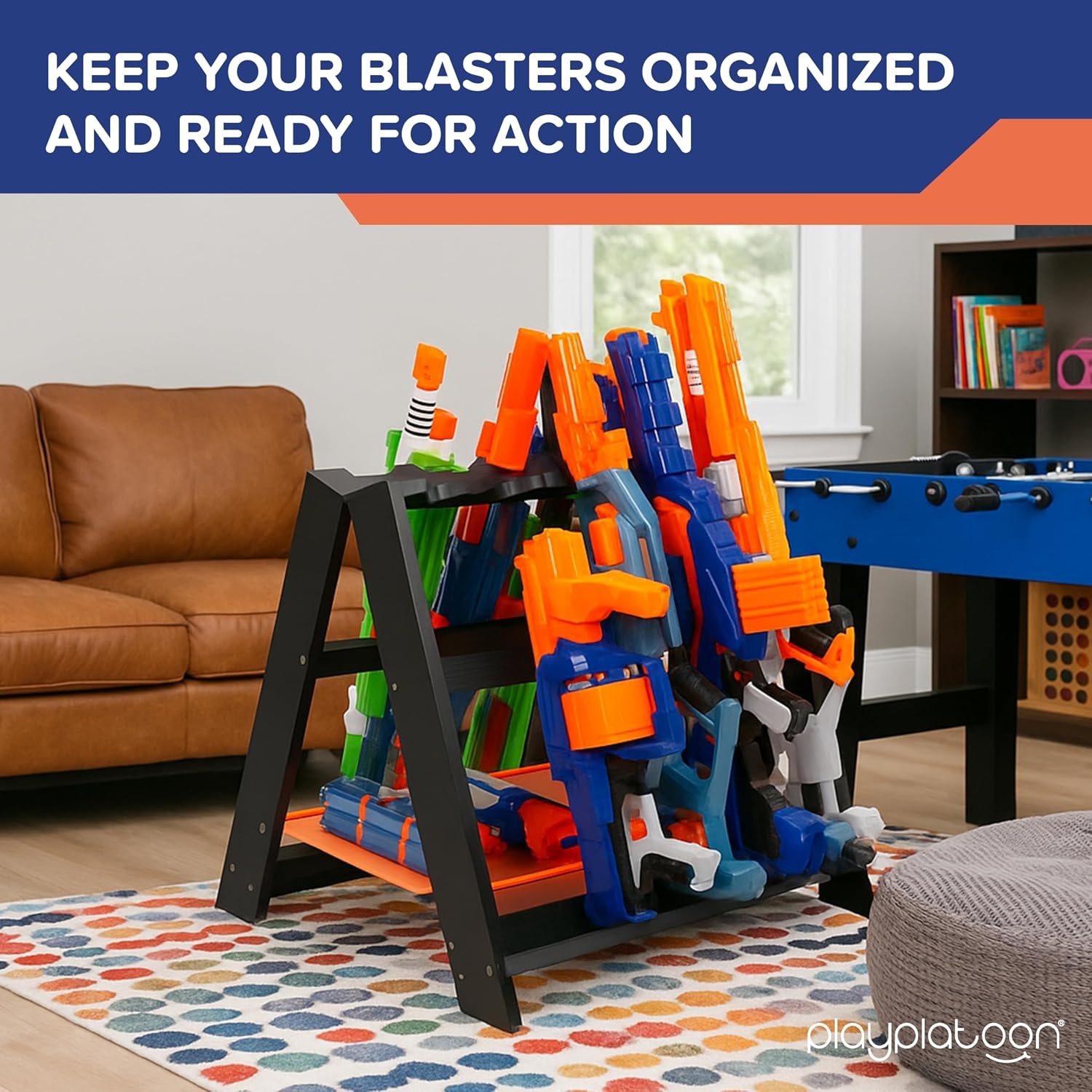 Play Platoon Storage Rack for Nerf Gun Storage & Nerf Accessories, Sturdy Wood Construction, Dart Holder & 6 Toy Gun Holder for Wall with Pegboard Wall Organizer – Includes 20 Pegs(Folding) - view 5