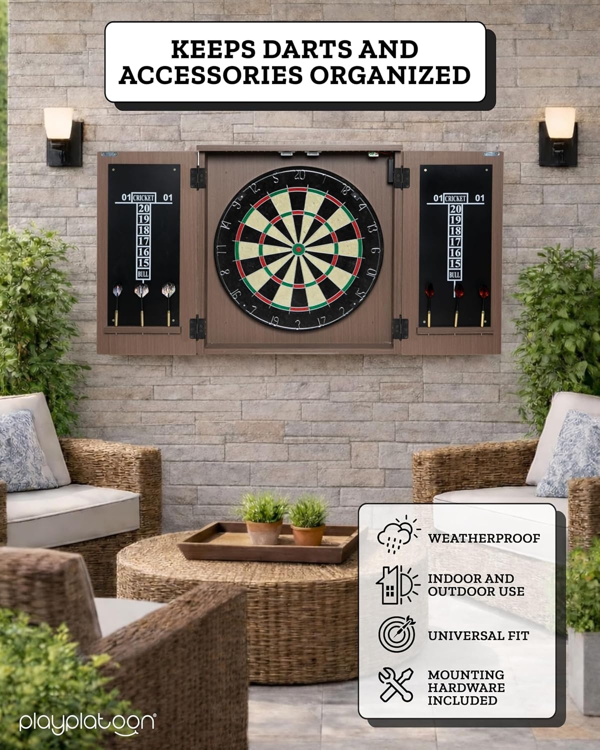 Play Platoon Outdoor Dart Board Cabinet – Dartboard Waterproof Enclosure with Darts Scoreboard, Dart Holder & Dartboards Lighting System for Outside Bar Games & Game Room(Cabinet Only) - view 2