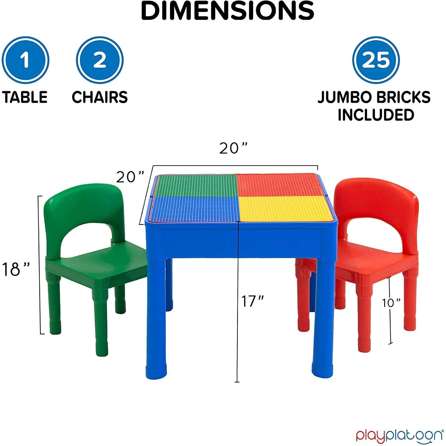 Play Platoon 5 in 1 Kids Activity Table and Chair Set for Toddlers, Building Block, Craft & Sensory Tables for Toddlers with 2 Chairs & 25 XL Blocks – Yellow Red Green(Primary)