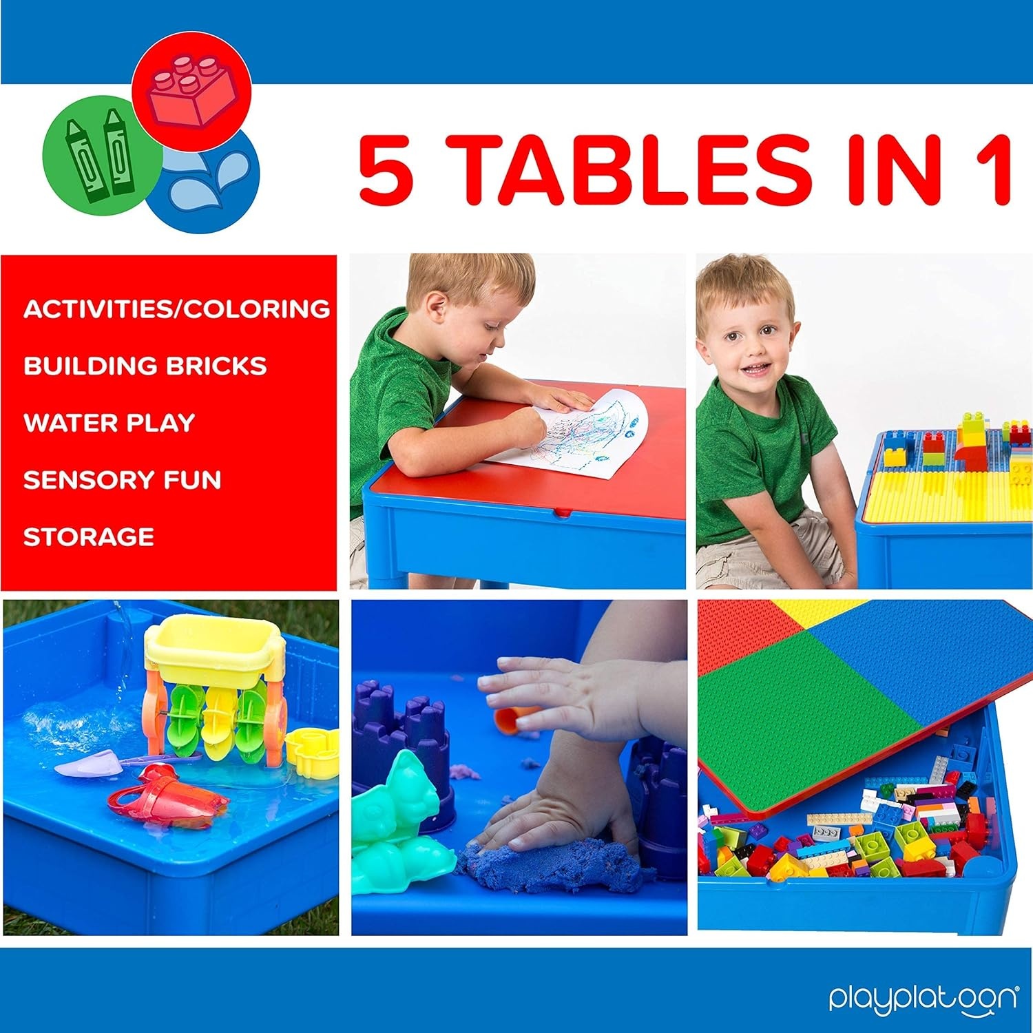 Play Platoon 5 in 1 Kids Activity Table and Chair Set for Toddlers, Building Block, Craft & Sensory Tables for Toddlers with 2 Chairs & 25 XL Blocks – Yellow Red Green(Primary) - view 2