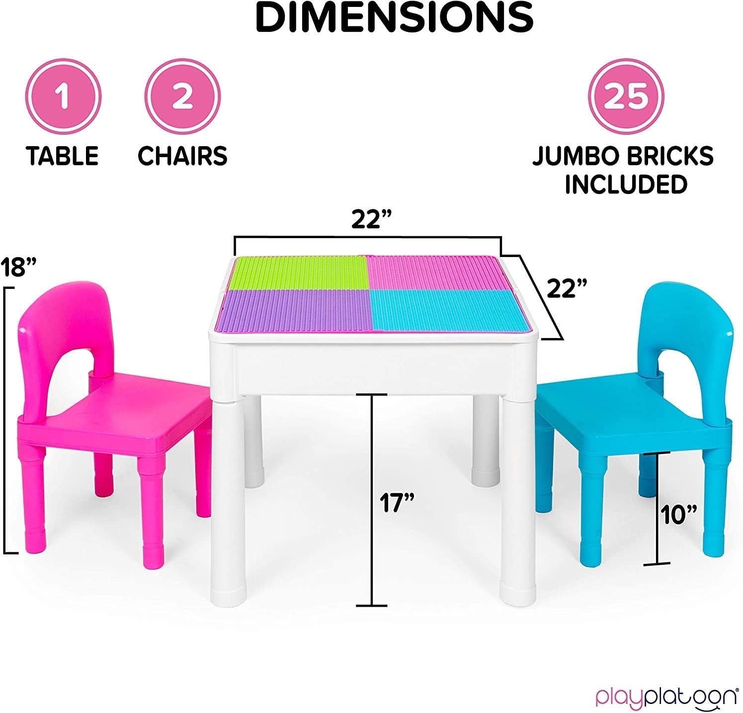 Play Platoon 5 in 1 Kids Activity Table and Chair Set for Toddlers, Building Block, Craft & Sensory Tables for Toddlers with 2 Chairs & 25 XL Blocks – Yellow Red Green(Pastel)