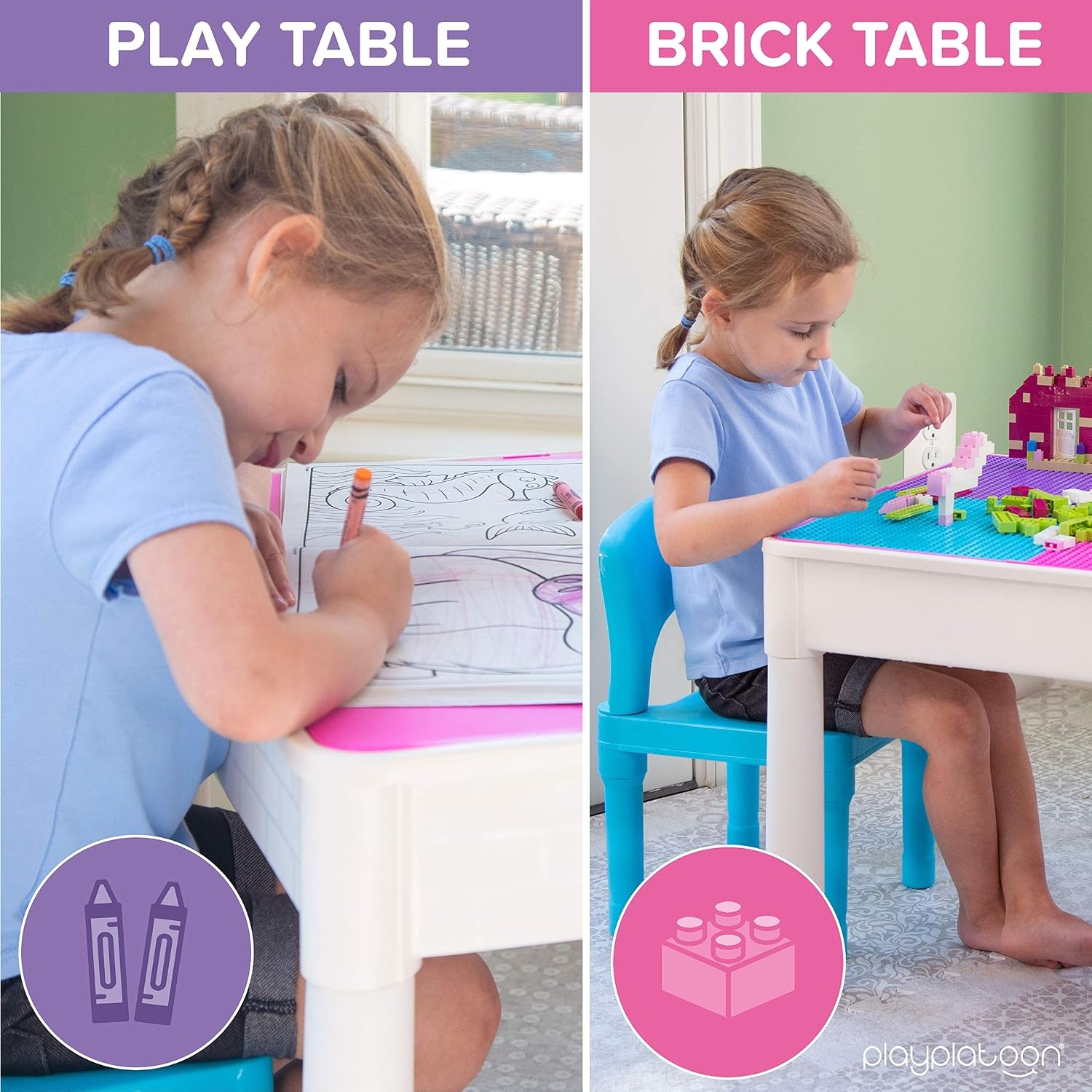 Play Platoon 5 in 1 Kids Activity Table and Chair Set for Toddlers, Building Block, Craft & Sensory Tables for Toddlers with 2 Chairs & 25 XL Blocks – Yellow Red Green(Pastel) - view 7