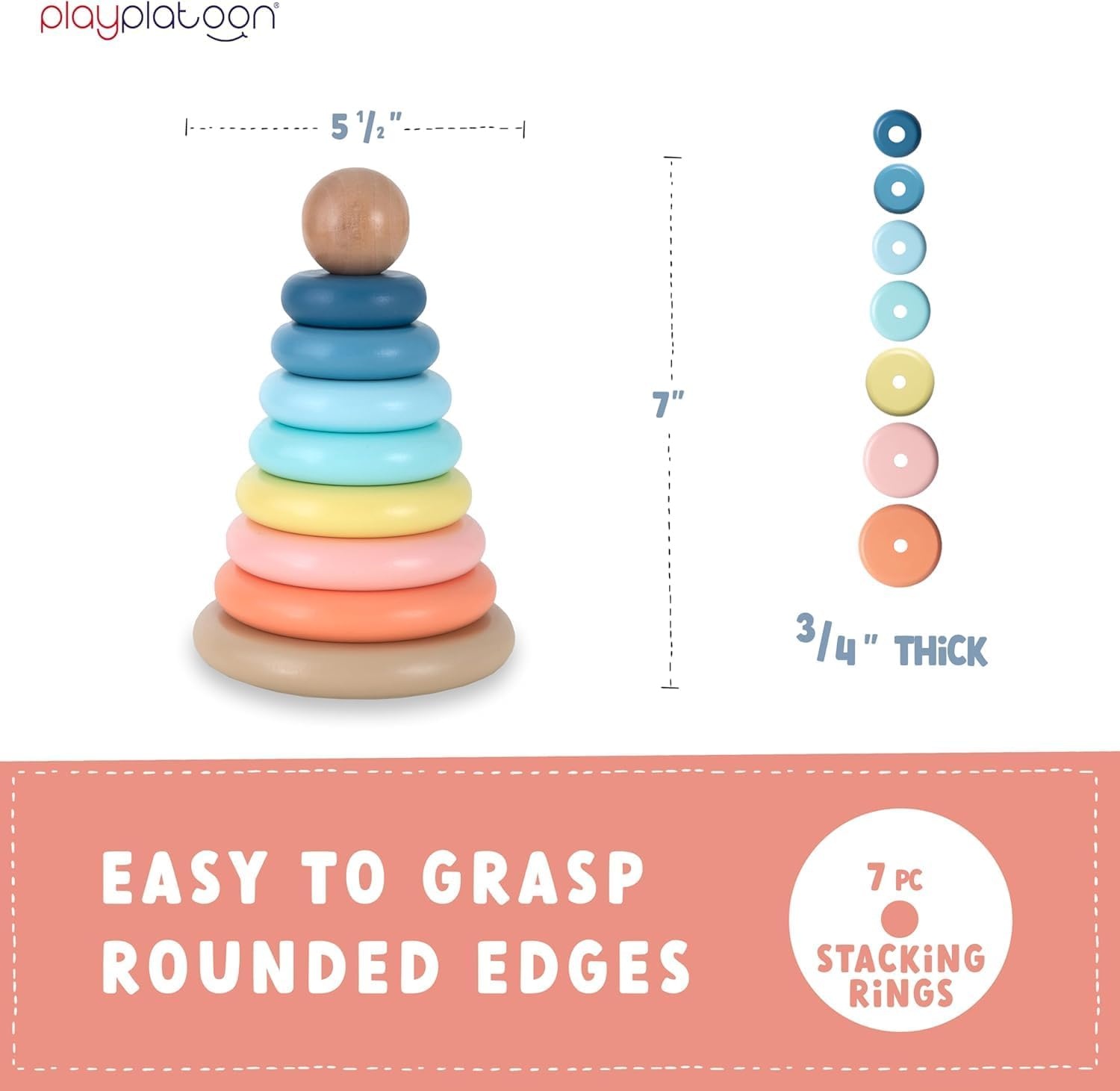 Play Platoon Wooden Rainbow Stacking Toy Ring Stacker, Educational Interactive Learning Toys, Create Stacks of Circles for Kids, Babies, Toddlers and Children - view 2