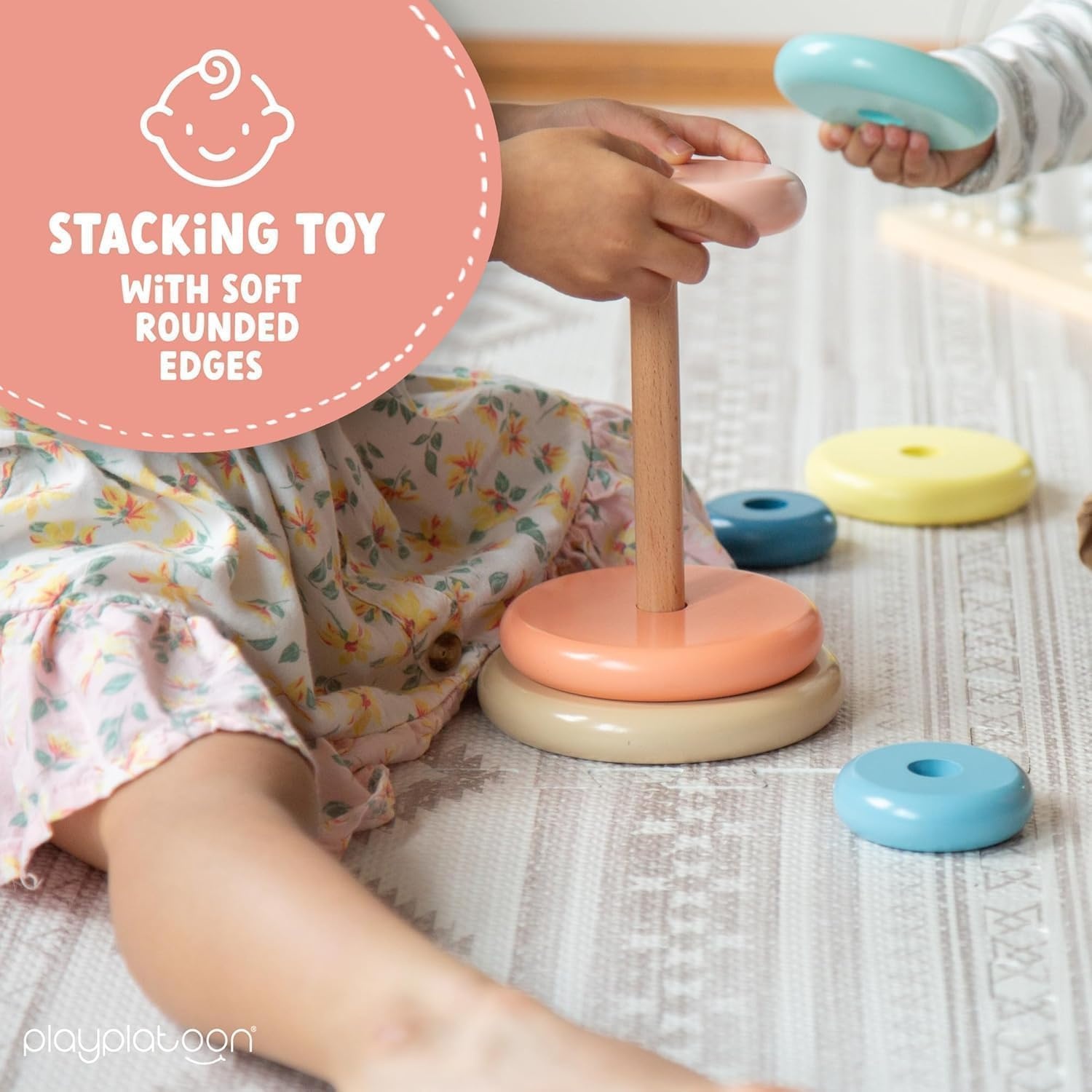 Play Platoon Wooden Rainbow Stacking Toy Ring Stacker, Educational Interactive Learning Toys, Create Stacks of Circles for Kids, Babies, Toddlers and Children - view 3
