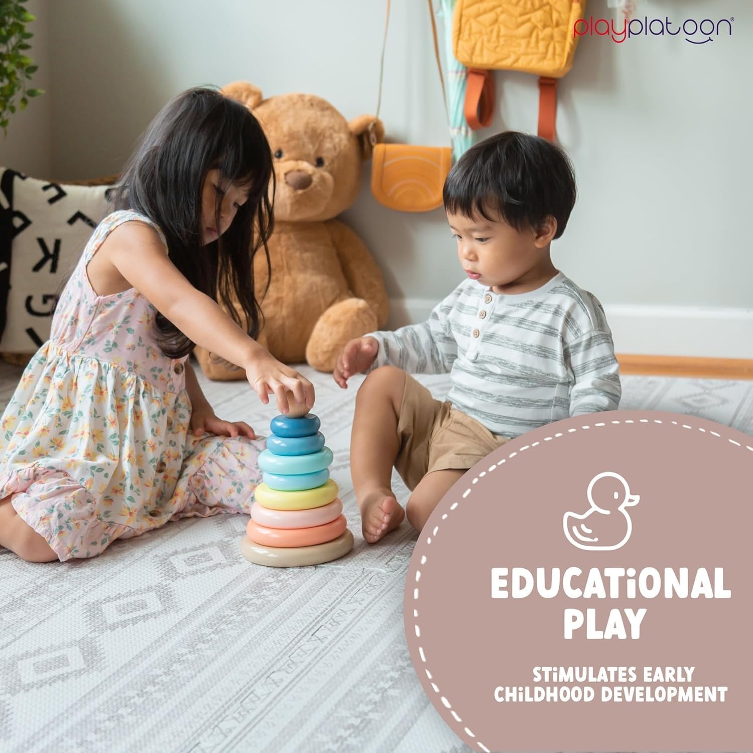 Play Platoon Wooden Rainbow Stacking Toy Ring Stacker, Educational Interactive Learning Toys, Create Stacks of Circles for Kids, Babies, Toddlers and Children - view 4