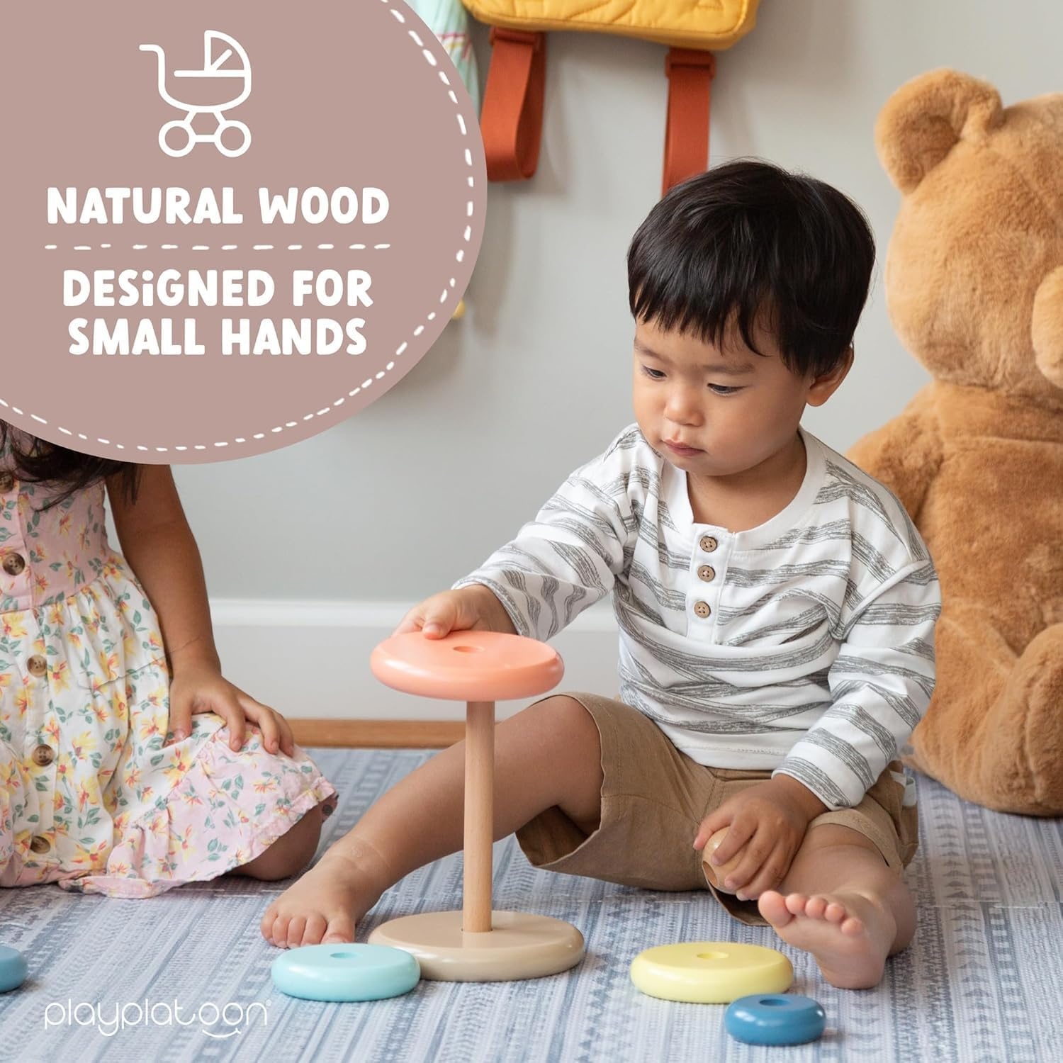 Play Platoon Wooden Rainbow Stacking Toy Ring Stacker, Educational Interactive Learning Toys, Create Stacks of Circles for Kids, Babies, Toddlers and Children - view 5