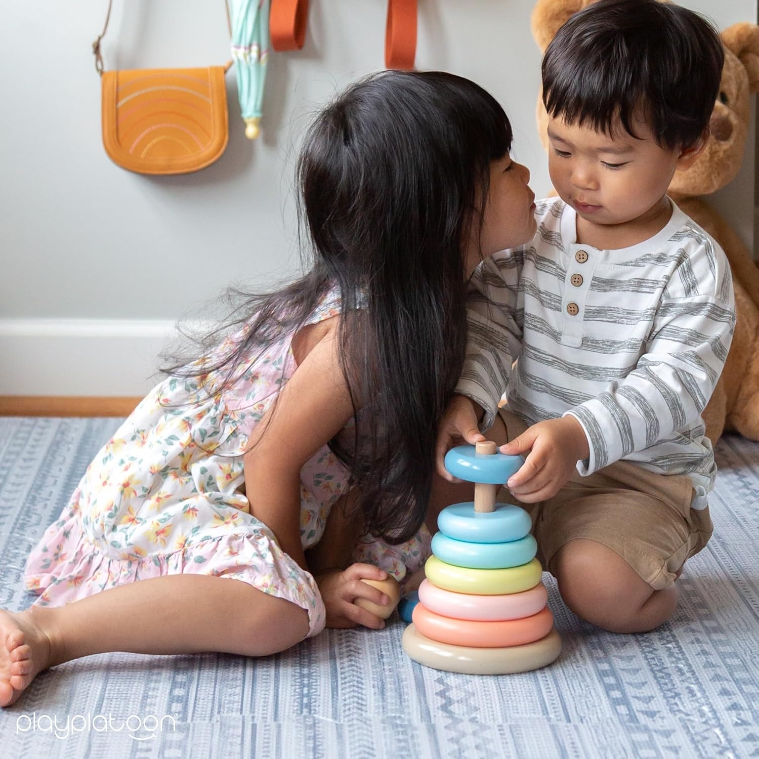 Play Platoon Wooden Rainbow Stacking Toy Ring Stacker, Educational Interactive Learning Toys, Create Stacks of Circles for Kids, Babies, Toddlers and Children - view 7