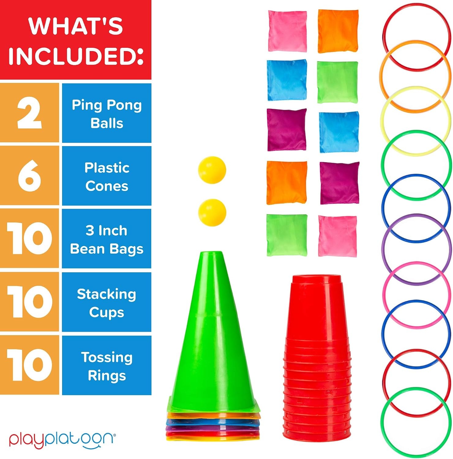 Play Platoon 38 Piece Carnival Games for Kids – Indoor Obstacle Backyard Course, Bean Bag Toss, Ring Toss, Cones, Cups, Games for Kids, Family Party Outdoor Inside
