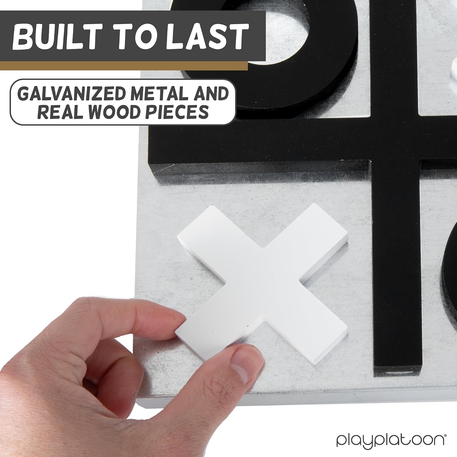 Play Platoon Magnetic Tic Tac Toe Game – Large Metal and Wooden Wall Mounted Board Games – 13.5 Inch Table Top or Wall Mounted Farmhouse Rustic for Game Room – Black & White(Black & White) - view 2