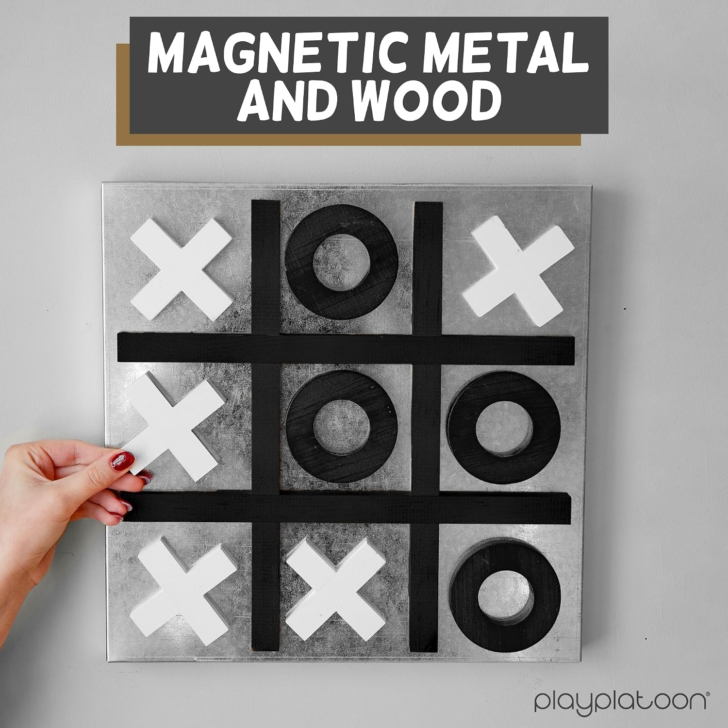 Play Platoon Magnetic Tic Tac Toe Game – Large Metal and Wooden Wall Mounted Board Games – 13.5 Inch Table Top or Wall Mounted Farmhouse Rustic for Game Room – Black & White(Black & White) - view 3