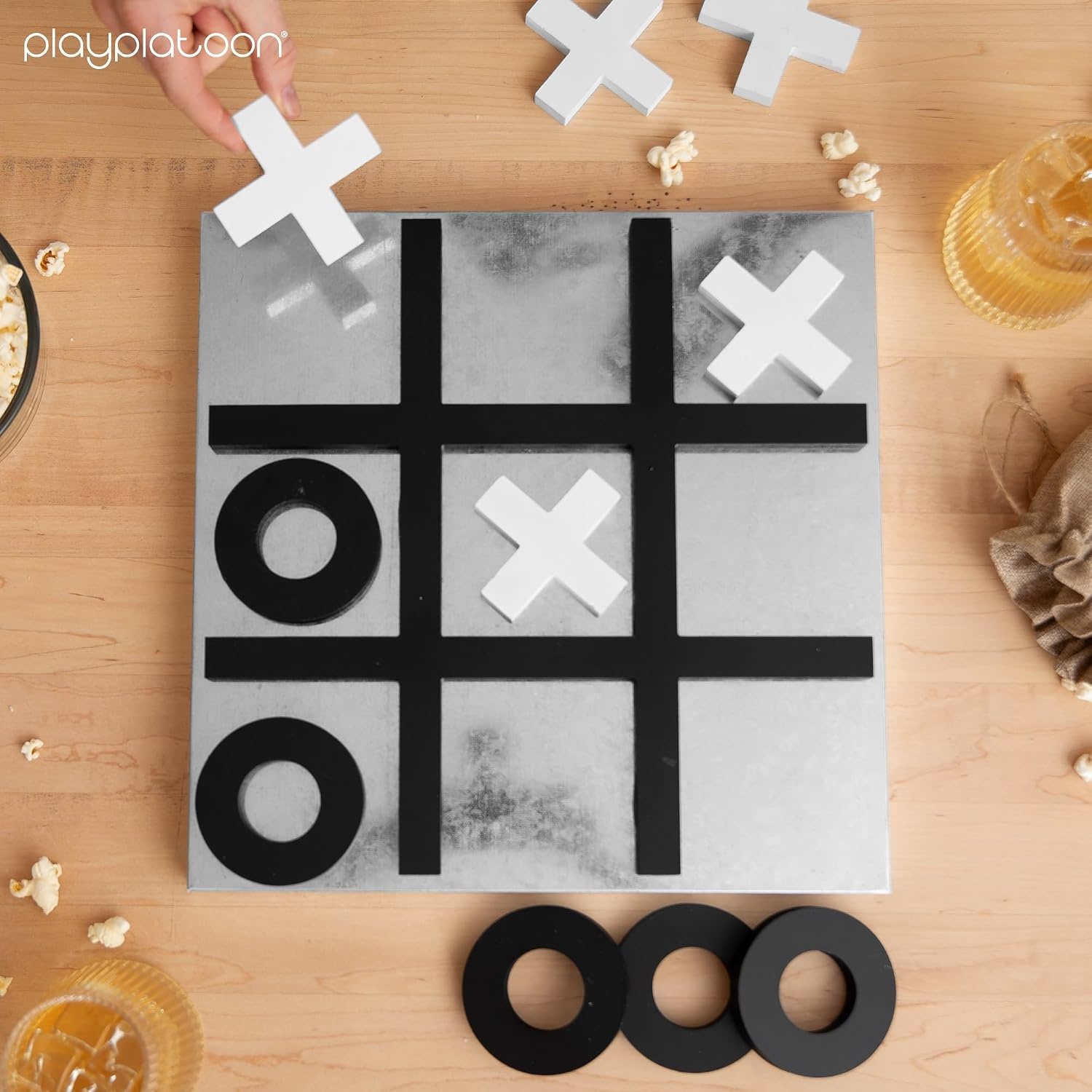 Play Platoon Magnetic Tic Tac Toe Game – Large Metal and Wooden Wall Mounted Board Games – 13.5 Inch Table Top or Wall Mounted Farmhouse Rustic for Game Room – Black & White(Black & White) - view 5