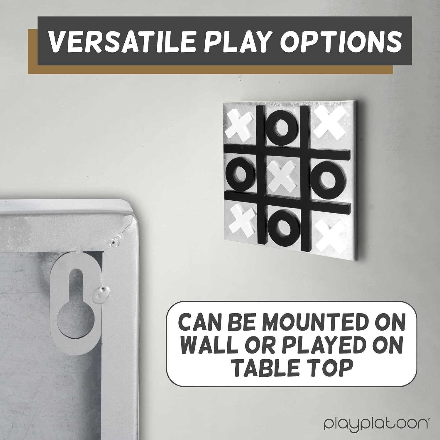Play Platoon Magnetic Tic Tac Toe Game – Large Metal and Wooden Wall Mounted Board Games – 13.5 Inch Table Top or Wall Mounted Farmhouse Rustic for Game Room – Black & White(Black & White) - view 6