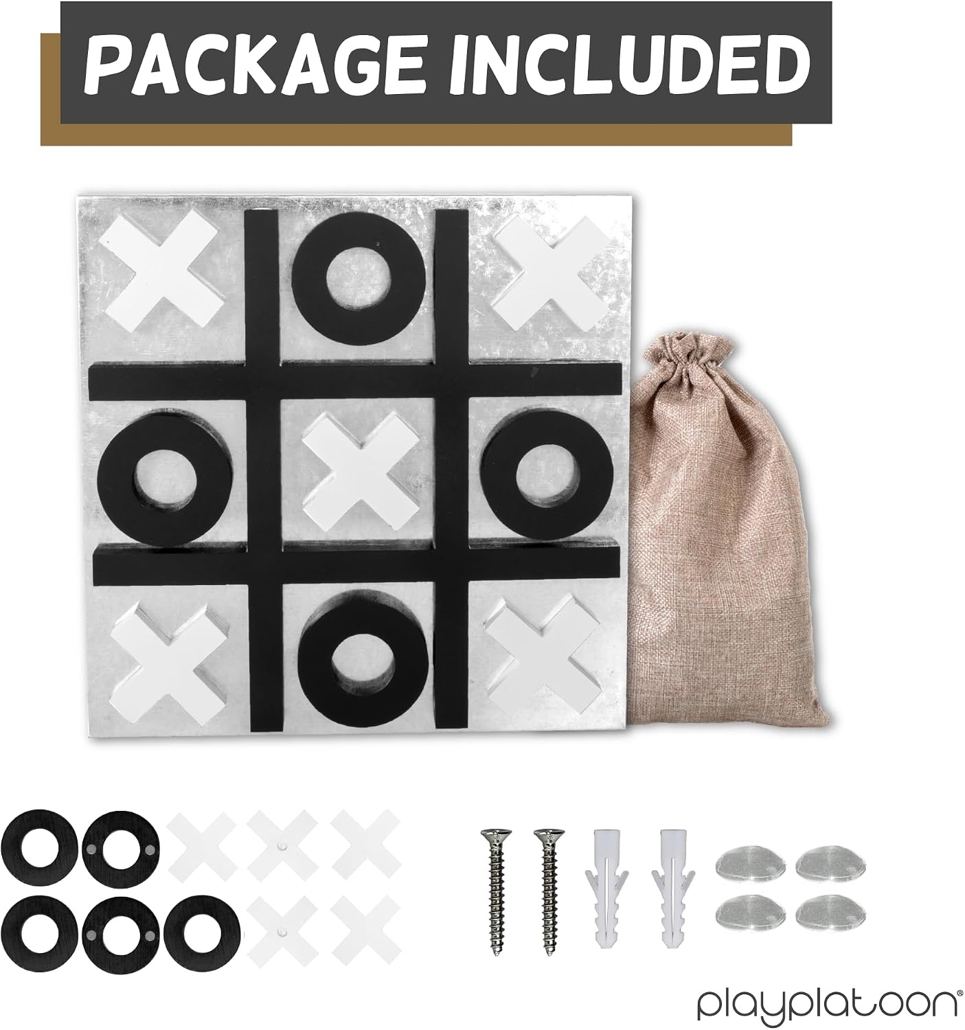 Play Platoon Magnetic Tic Tac Toe Game – Large Metal and Wooden Wall Mounted Board Games – 13.5 Inch Table Top or Wall Mounted Farmhouse Rustic for Game Room – Black & White(Black & White) - view 7