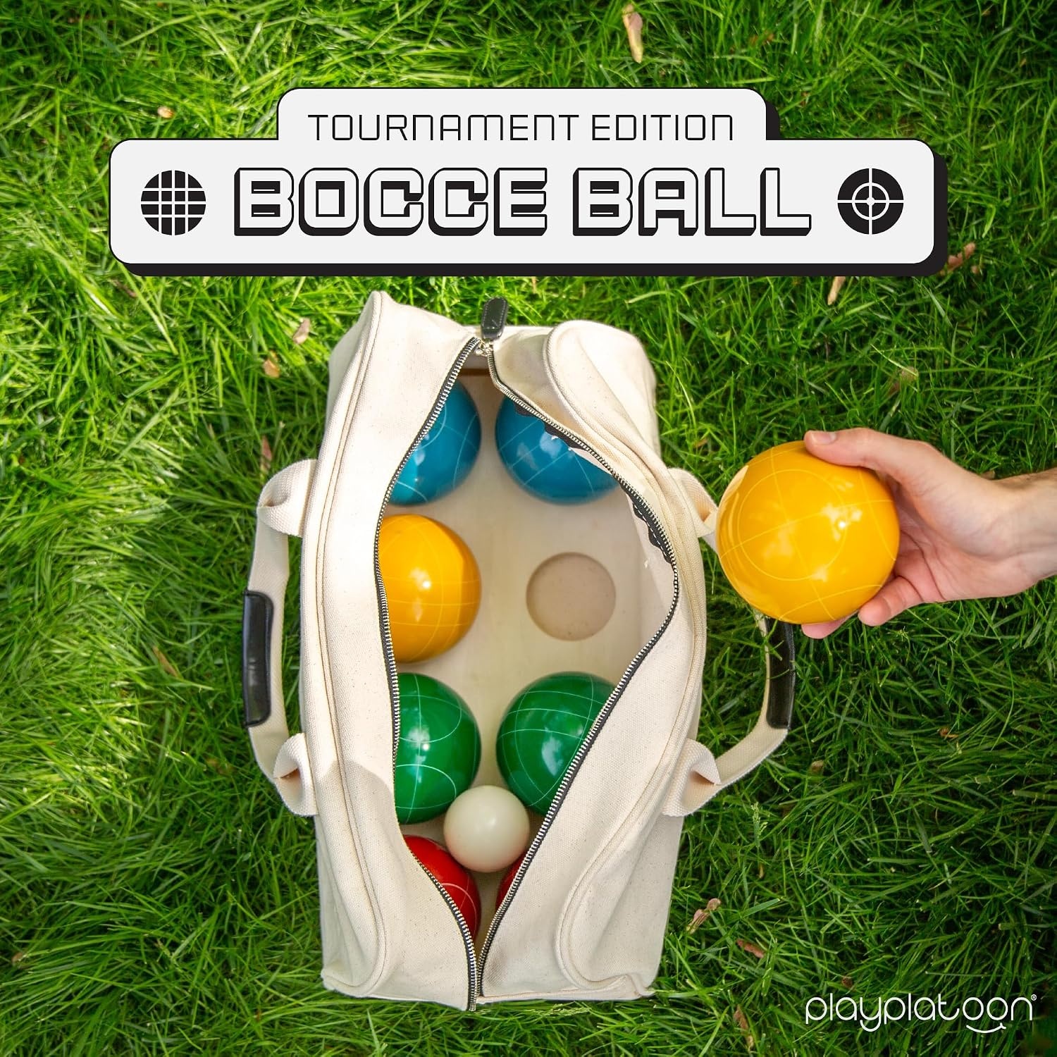 Play Platoon Bocce Ball Set Regulation Size Game Set – 107mm with 8 Hard Polyresin Premium Balls, Pallino, and Professional Carry Bag & Measuring Rope – Outdoor Games for Backyard, Lawn, Beach