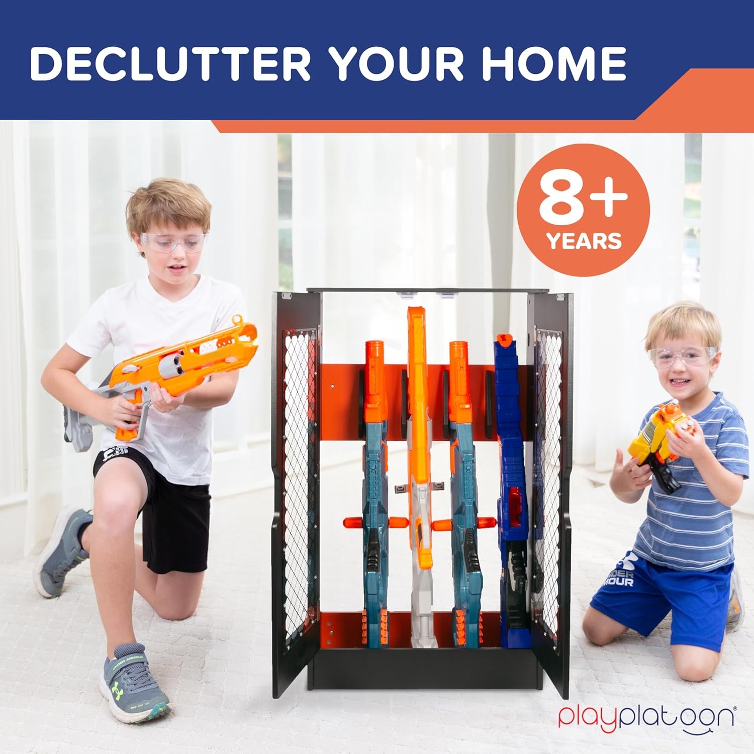 Play Platoon Storage Rack for Nerf Gun Storage & Nerf Accessories, Sturdy Wood Construction, Dart Holder & 6 Toy Gun Holder for Wall with Pegboard Wall Organizer – Includes 20 Pegs(Locker) - view 3