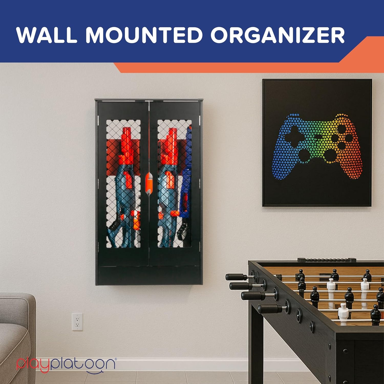 Play Platoon Storage Rack for Nerf Gun Storage & Nerf Accessories, Sturdy Wood Construction, Dart Holder & 6 Toy Gun Holder for Wall with Pegboard Wall Organizer – Includes 20 Pegs(Locker) - view 5