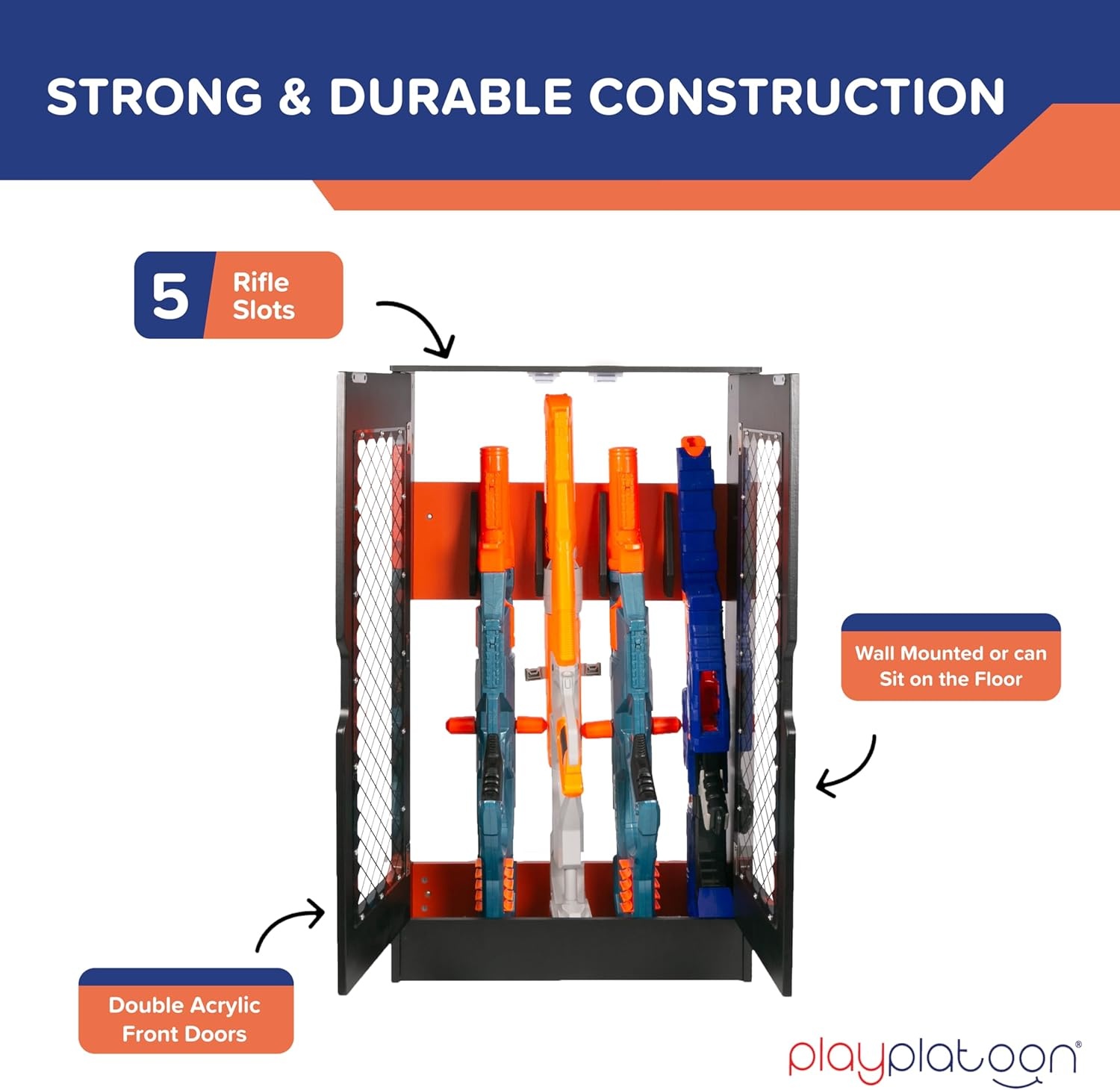 Play Platoon Storage Rack for Nerf Gun Storage & Nerf Accessories, Sturdy Wood Construction, Dart Holder & 6 Toy Gun Holder for Wall with Pegboard Wall Organizer – Includes 20 Pegs(Locker) - view 6