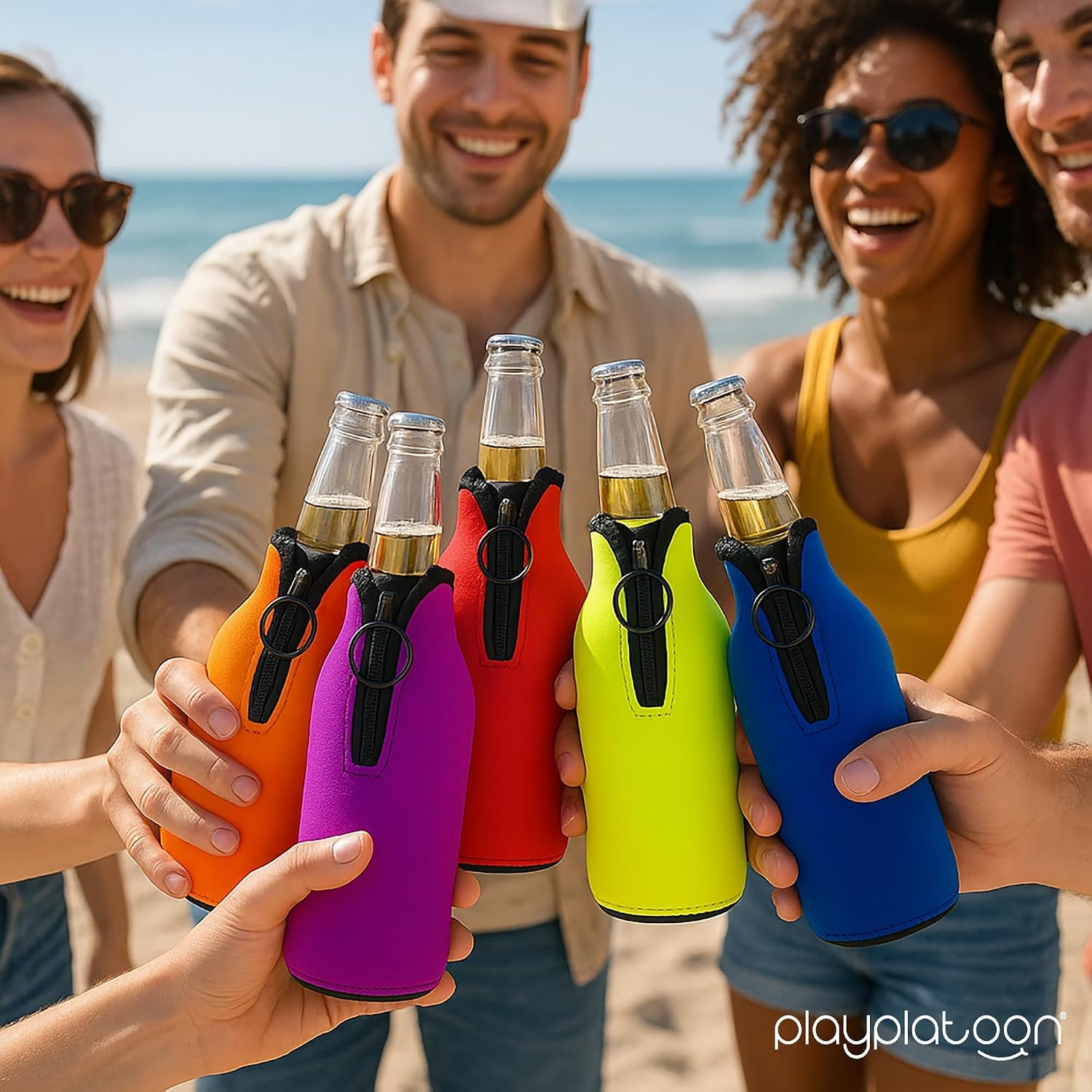 Play Platoon Beer Bottle Cooler Sleeves for Party – Collapsible Neoprene Insulators – Insulated Beer Bottle Sleeve with Zipper – Cozy Holder Fits Regular 12 oz Size – 6 Pack - view 2