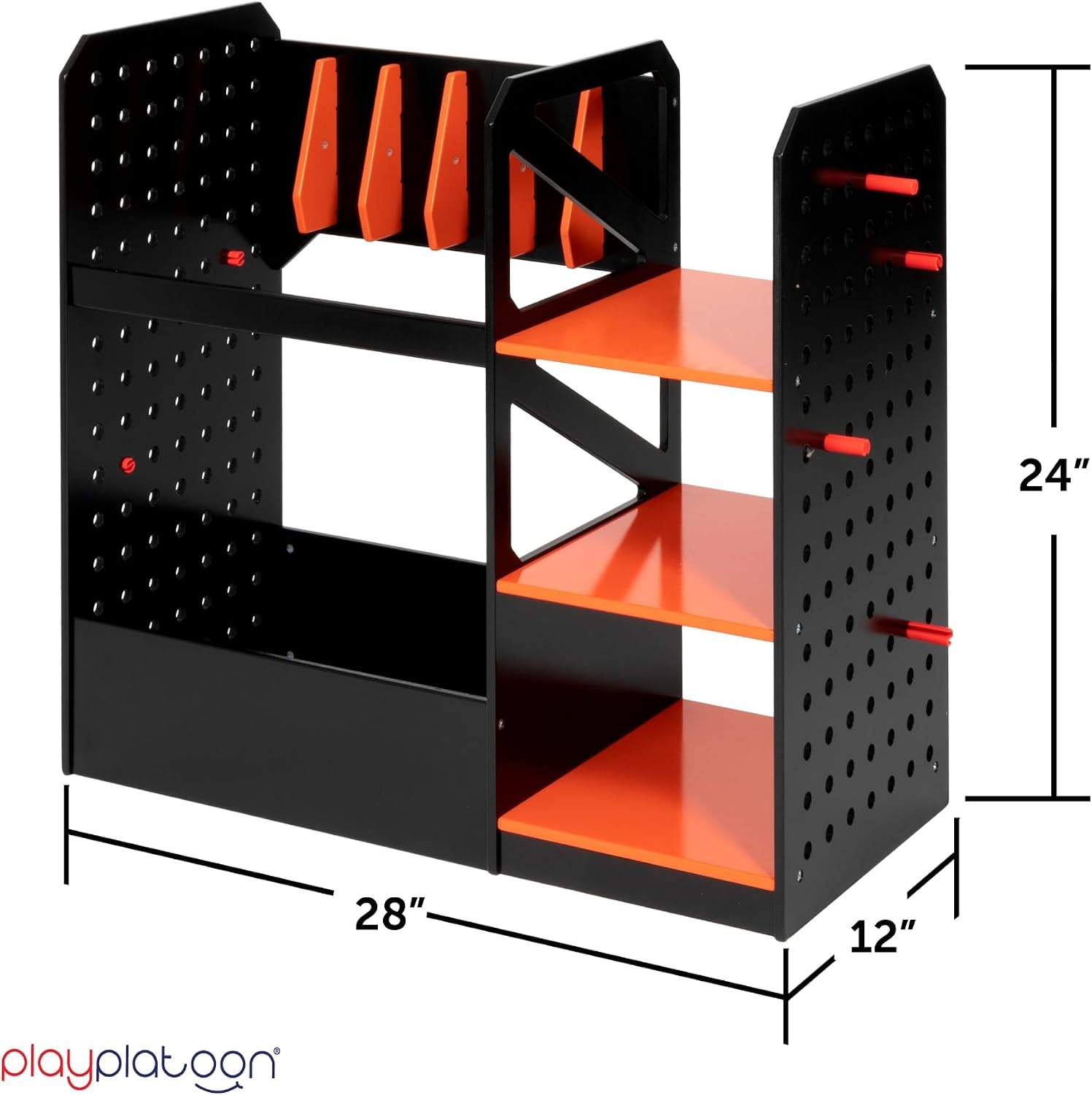 Play Platoon Storage Rack for Nerf Gun Storage & Nerf Accessories, Sturdy Wood Construction, Dart Holder & 6 Toy Gun Holder for Wall with Pegboard Wall Organizer – Includes 20 Pegs(Floor)