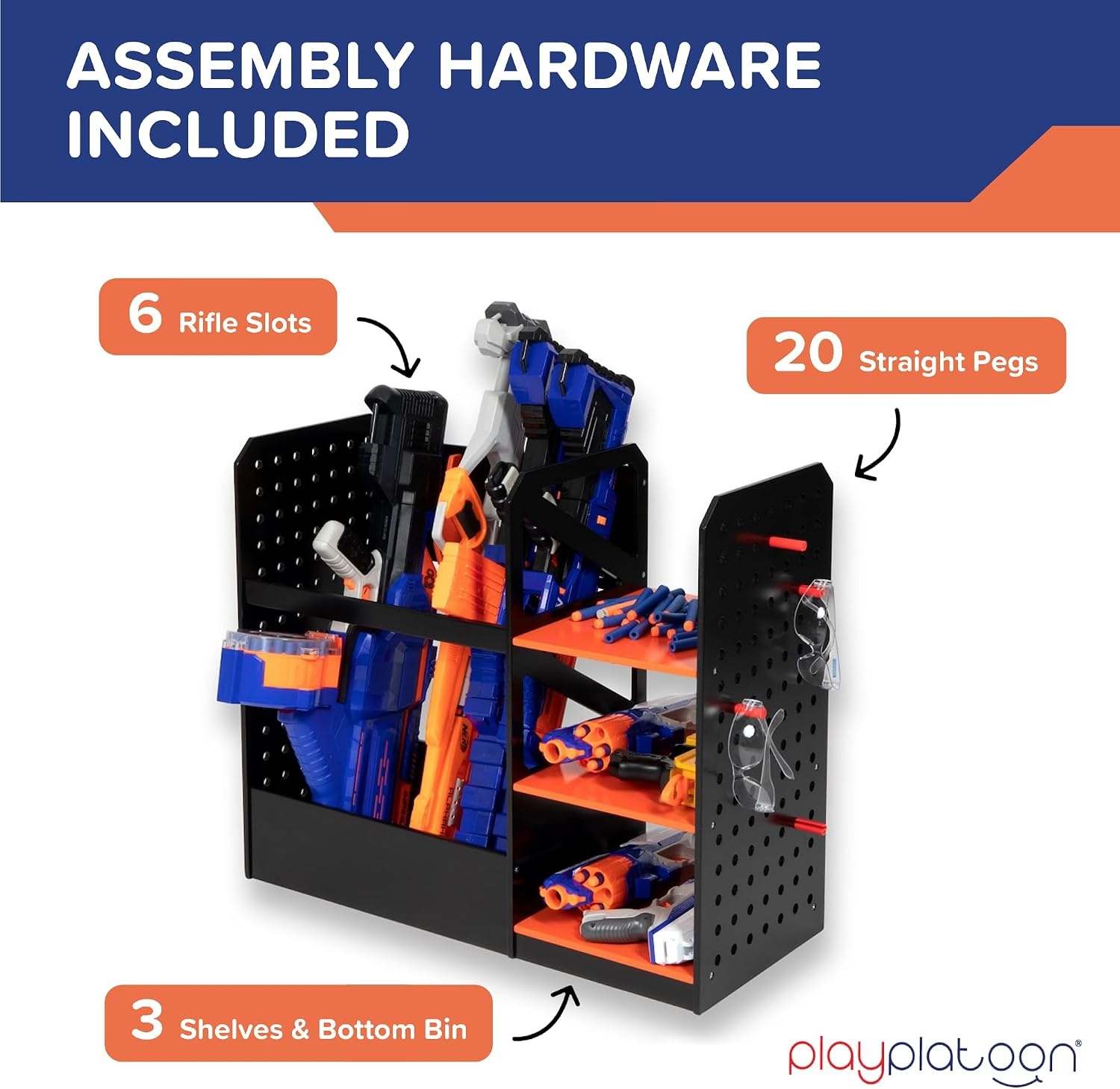 Play Platoon Storage Rack for Nerf Gun Storage & Nerf Accessories, Sturdy Wood Construction, Dart Holder & 6 Toy Gun Holder for Wall with Pegboard Wall Organizer – Includes 20 Pegs(Floor) - view 2